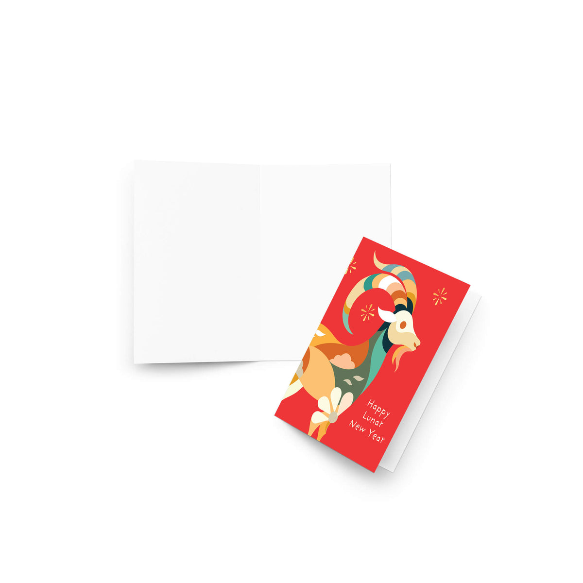 A year of the goat card featuring a colorful illustration of a goat and the text 'Happy New Year 2025' in white, shown next to an open blank white envelope on a clean white background.
