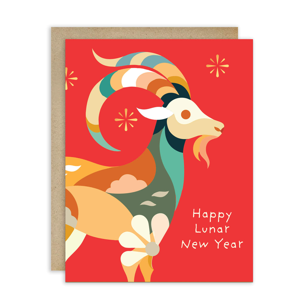 A Lunar New Year greeting card featuring a stylized ram illustration on a bright red background, with the text 'Happy Lunar New Year' in white. A kraft paper envelope is placed behind the card against a clean white background.