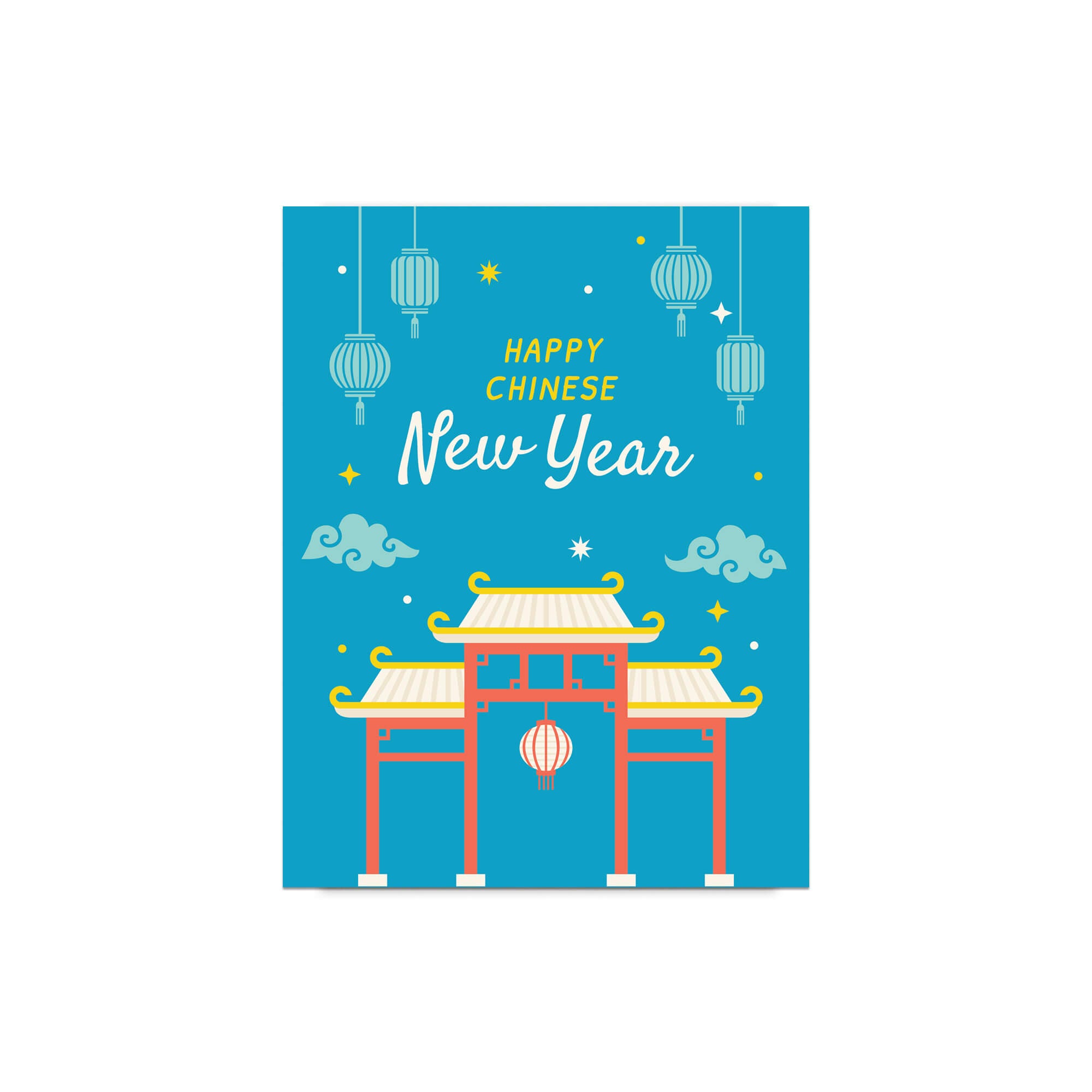 asian Greeting card with 'Happy Chinese New Year' text and traditional chinatown gate design on a blue background.