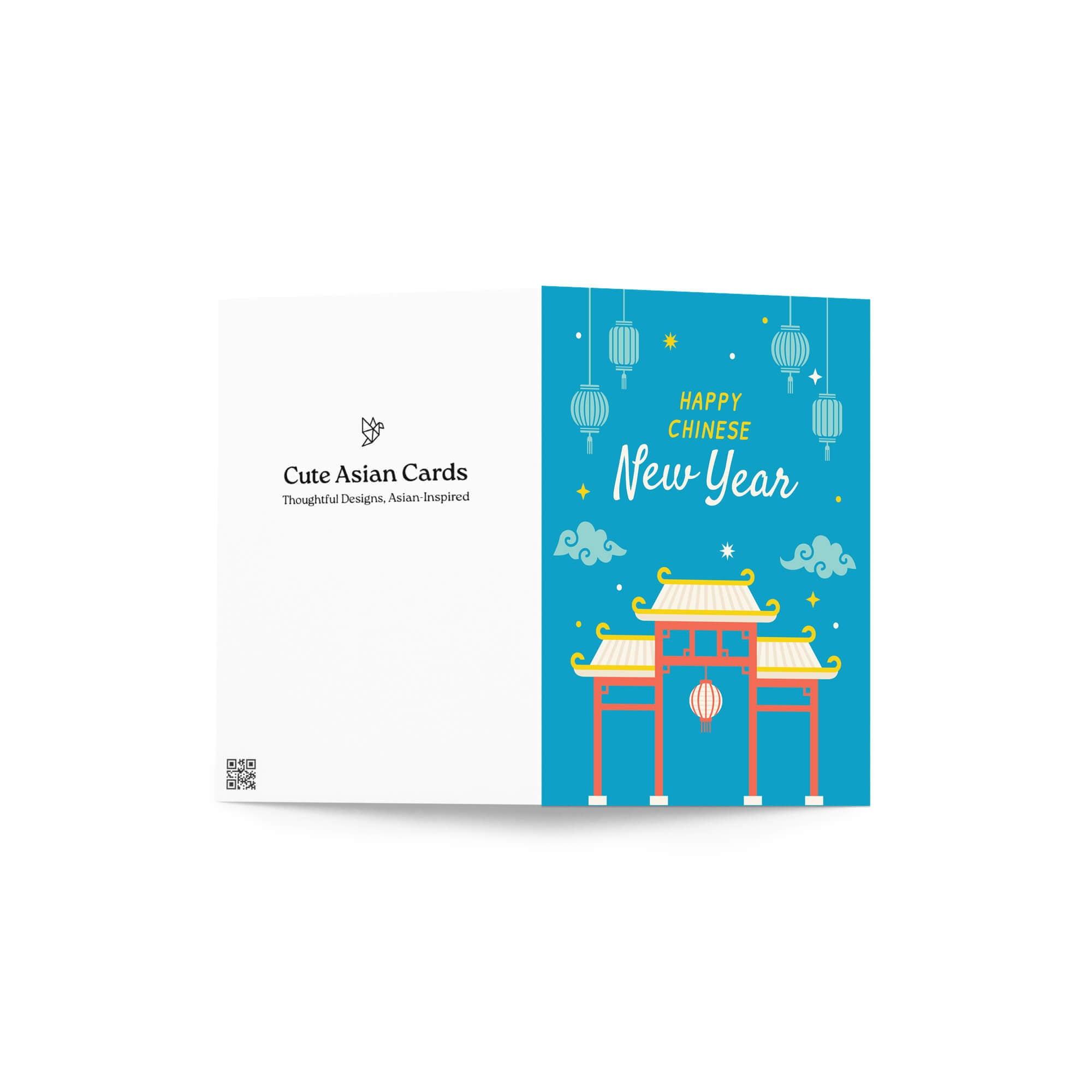 Card with 'Happy Chinese New Year' text and traditional gate design on a blue background.