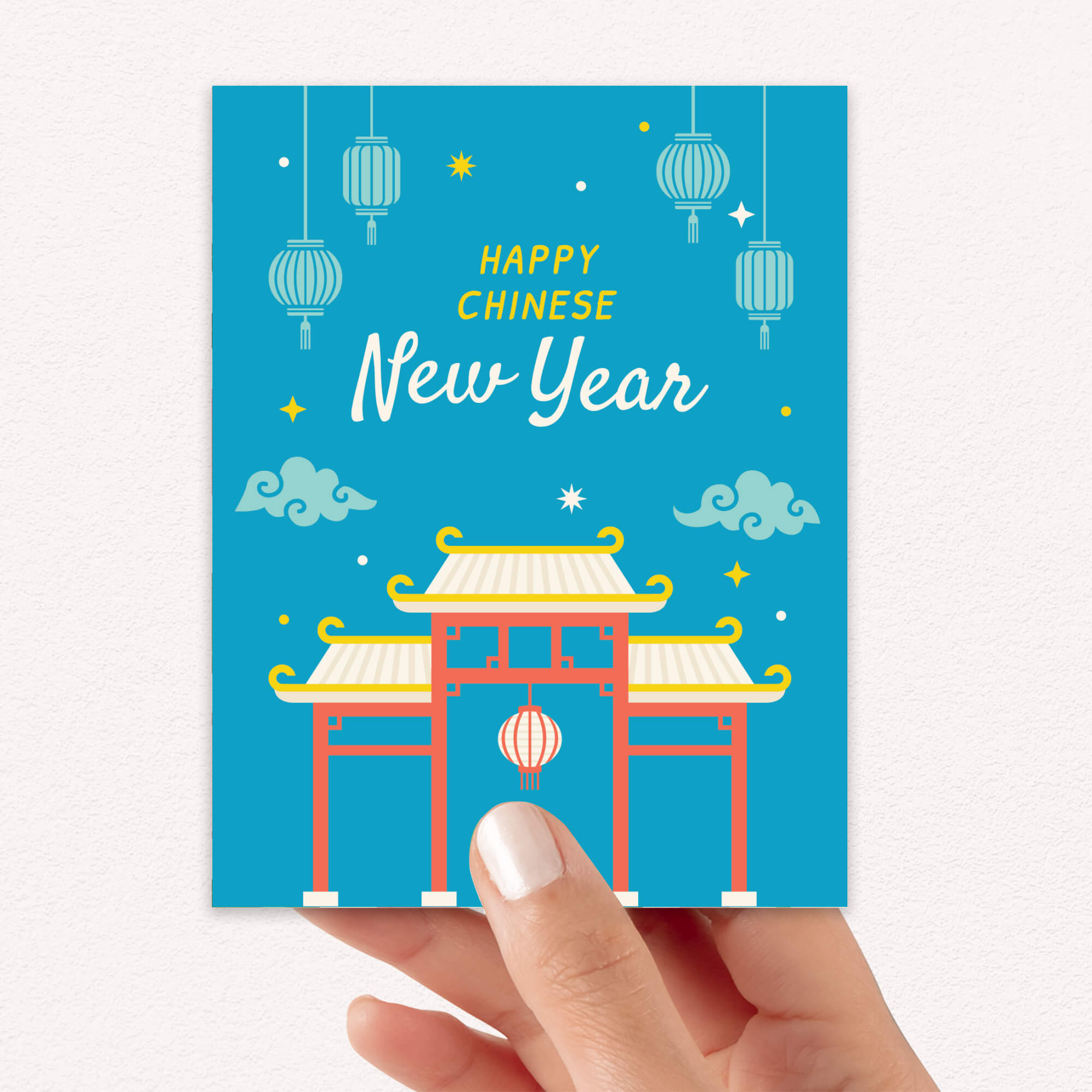 asian Greeting card with 'Happy Chinese New Year' text and traditional chinatown gate design on a blue background.