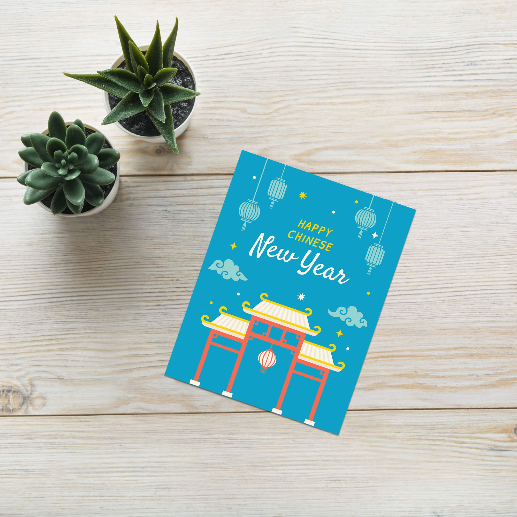 asian Greeting card with 'Happy Chinese New Year' text and traditional chinatown gate design on a blue background.
