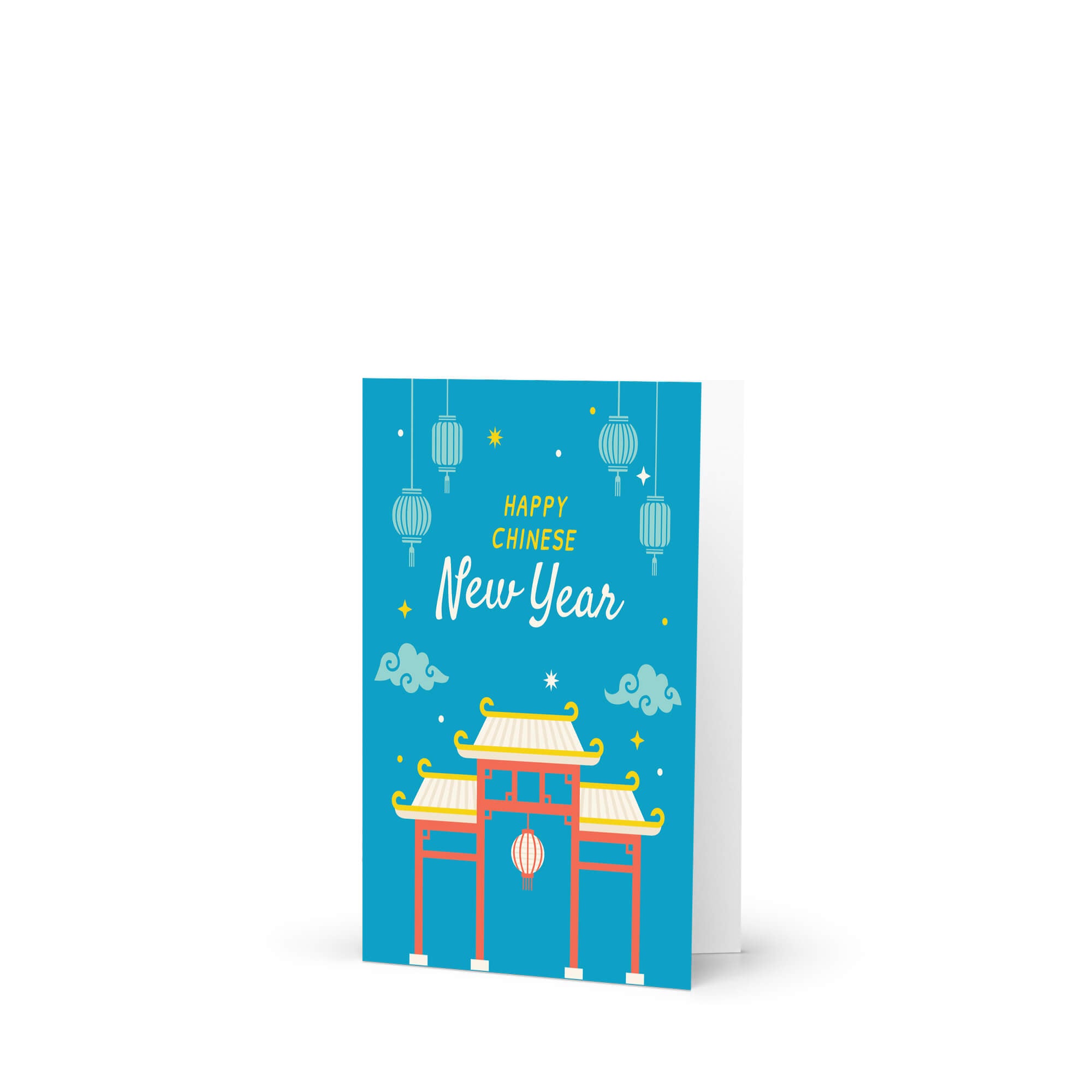asian Greeting card with 'Happy Chinese New Year' text and traditional chinatown gate design on a blue background.