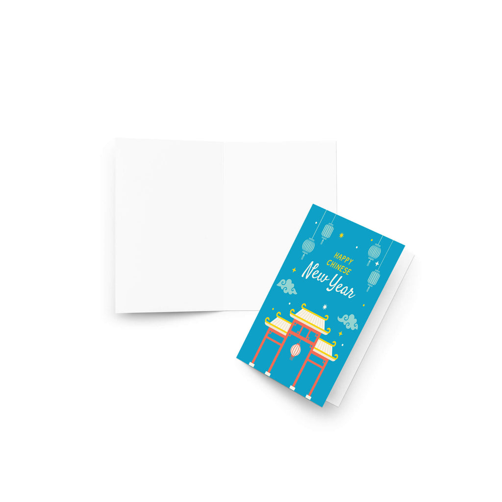 asian Greeting card with 'Happy Chinese New Year' text and traditional chinatown gate design on a blue background.