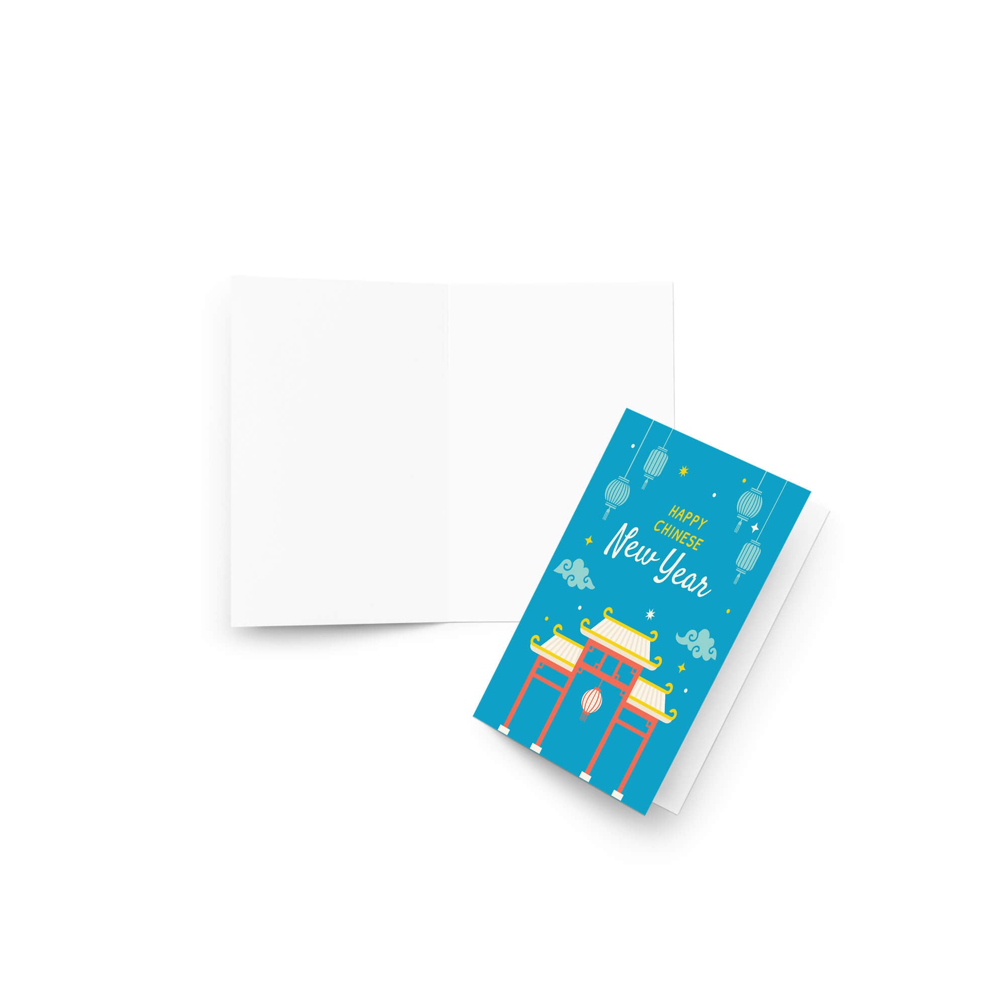 asian Greeting card with 'Happy Chinese New Year' text and traditional chinatown gate design on a blue background.
