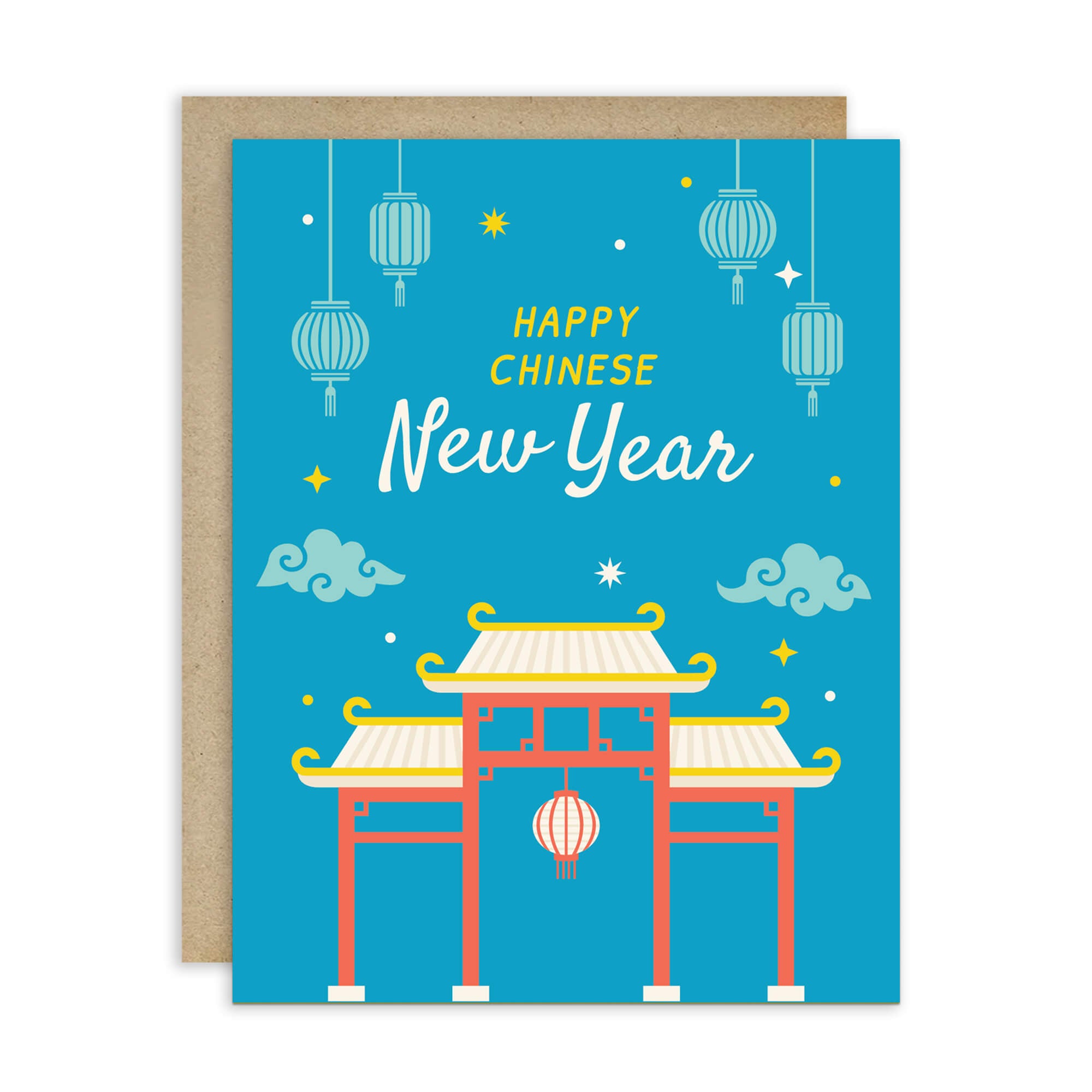 asian Greeting card with 'Happy Chinese New Year' text and traditional chinatown gate design on a blue background.