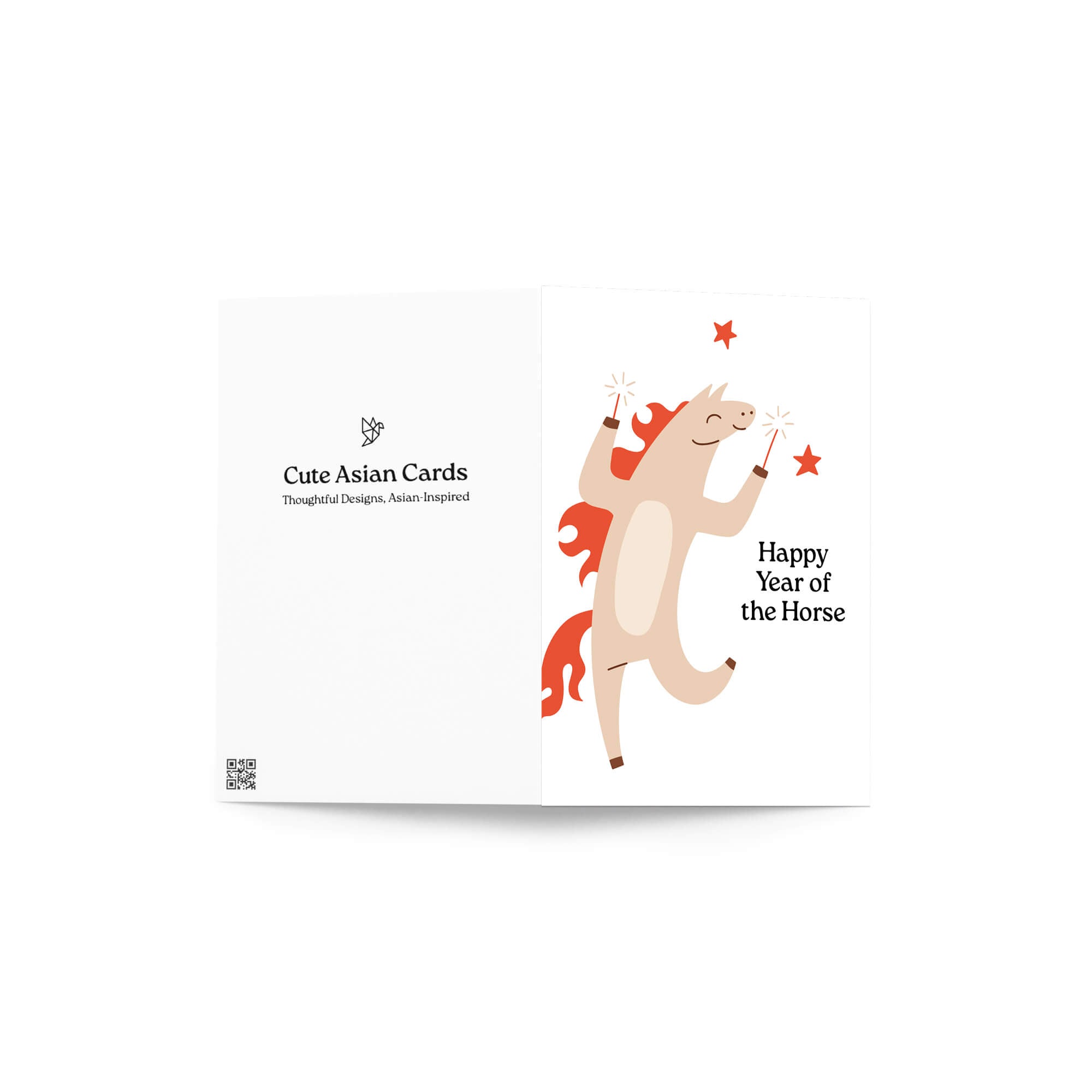 chinese new year Greeting card with a horse illustration and 'Happy Year of the Horse' text on a white background.