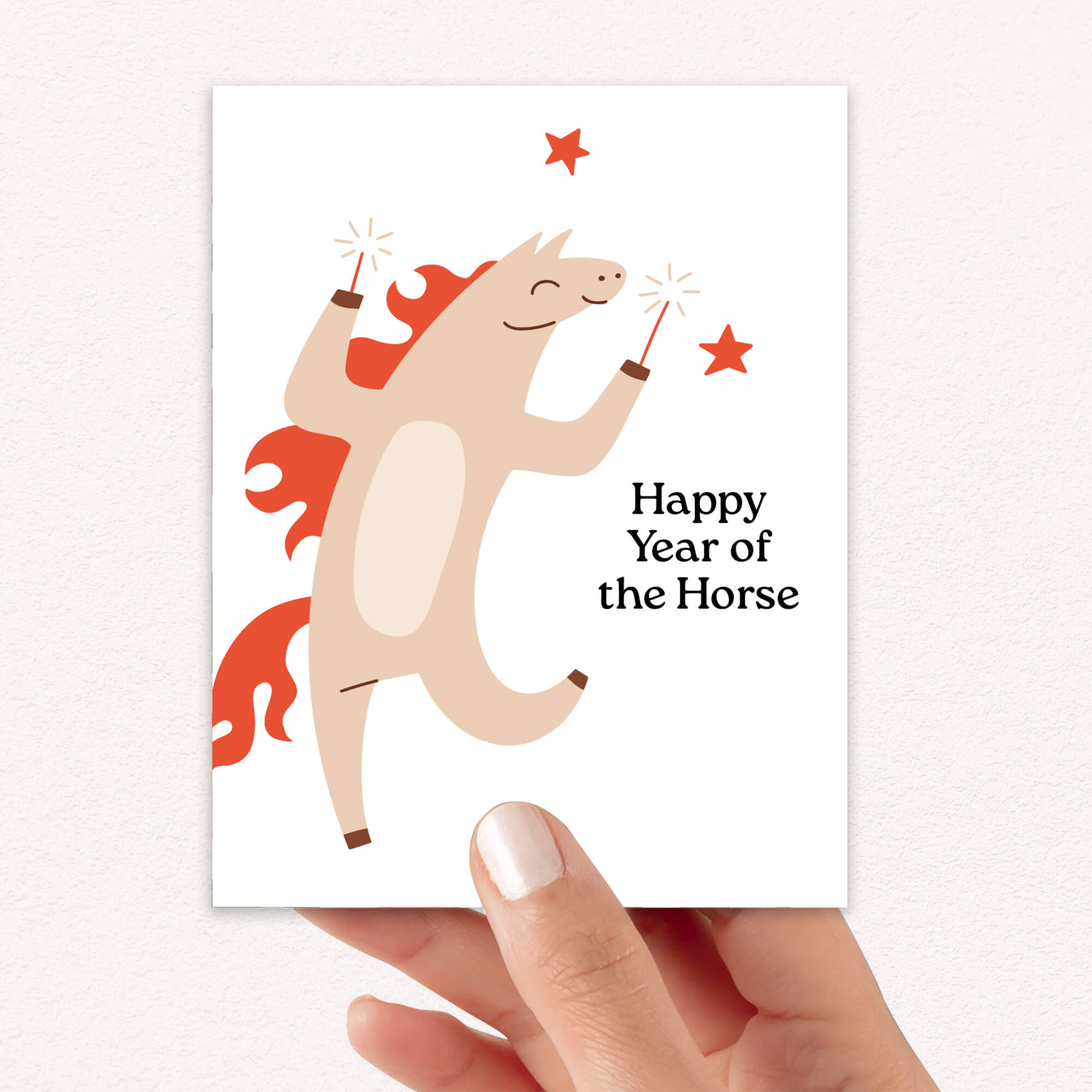 chinese new year Greeting card with a horse illustration and 'Happy Year of the Horse' text on a white background.