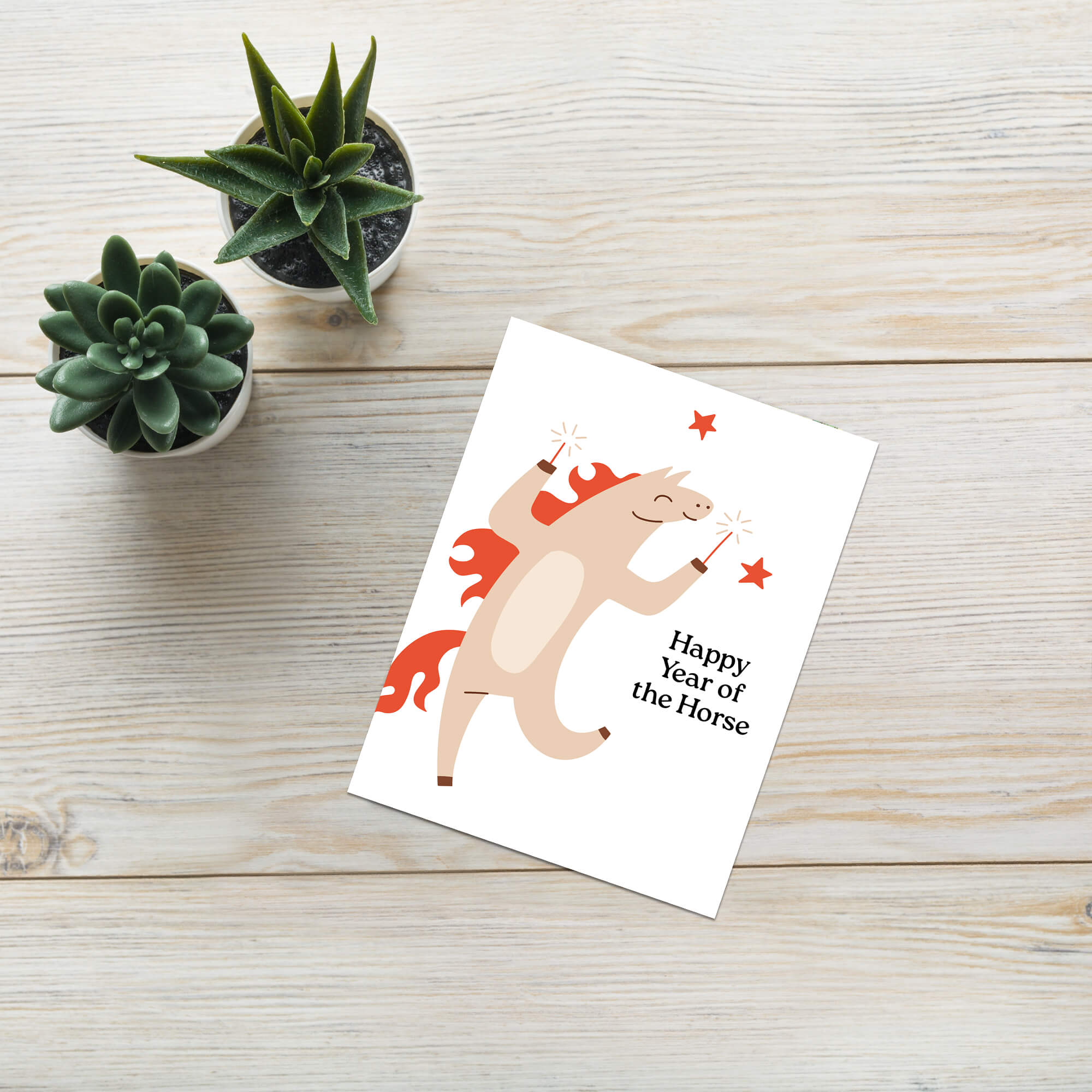 chinese new year Greeting card with a horse illustration and 'Happy Year of the Horse' text on a white background.