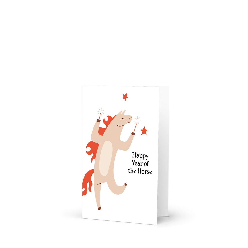 chinese new year Greeting card with a horse illustration and 'Happy Year of the Horse' text on a white background.
