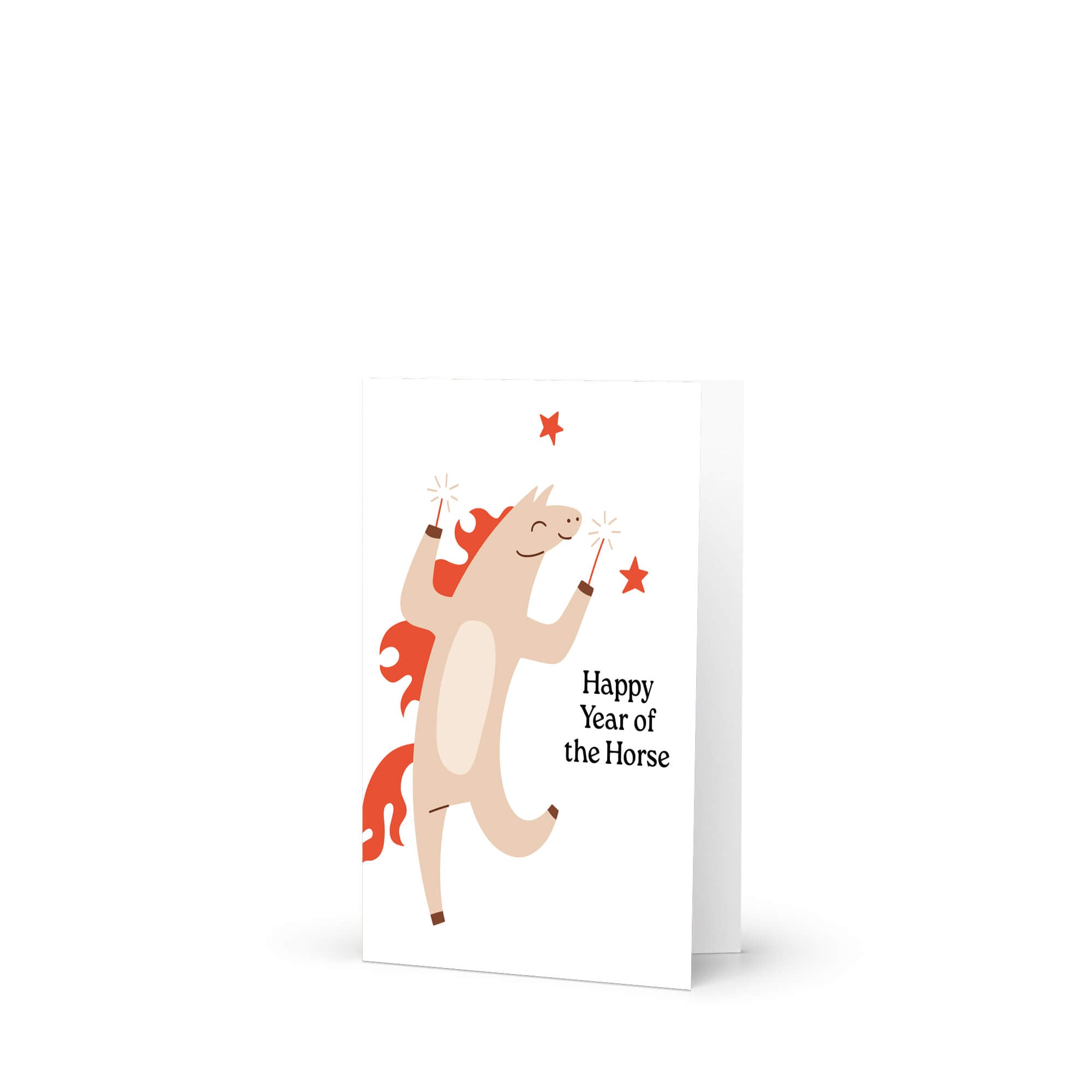 chinese new year Greeting card with a horse illustration and 'Happy Year of the Horse' text on a white background.