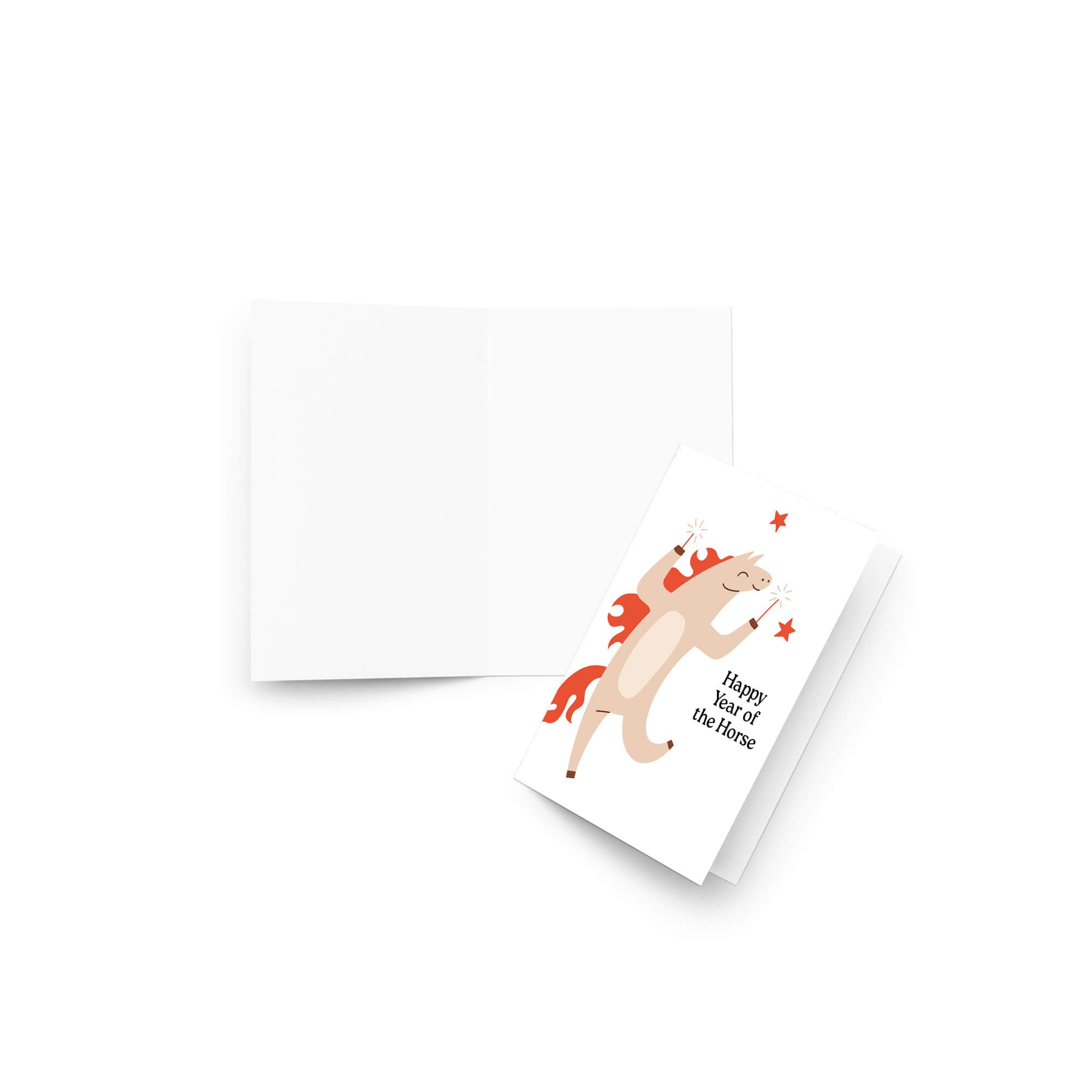 chinese new year Greeting card with a horse illustration and 'Happy Year of the Horse' text on a white background.