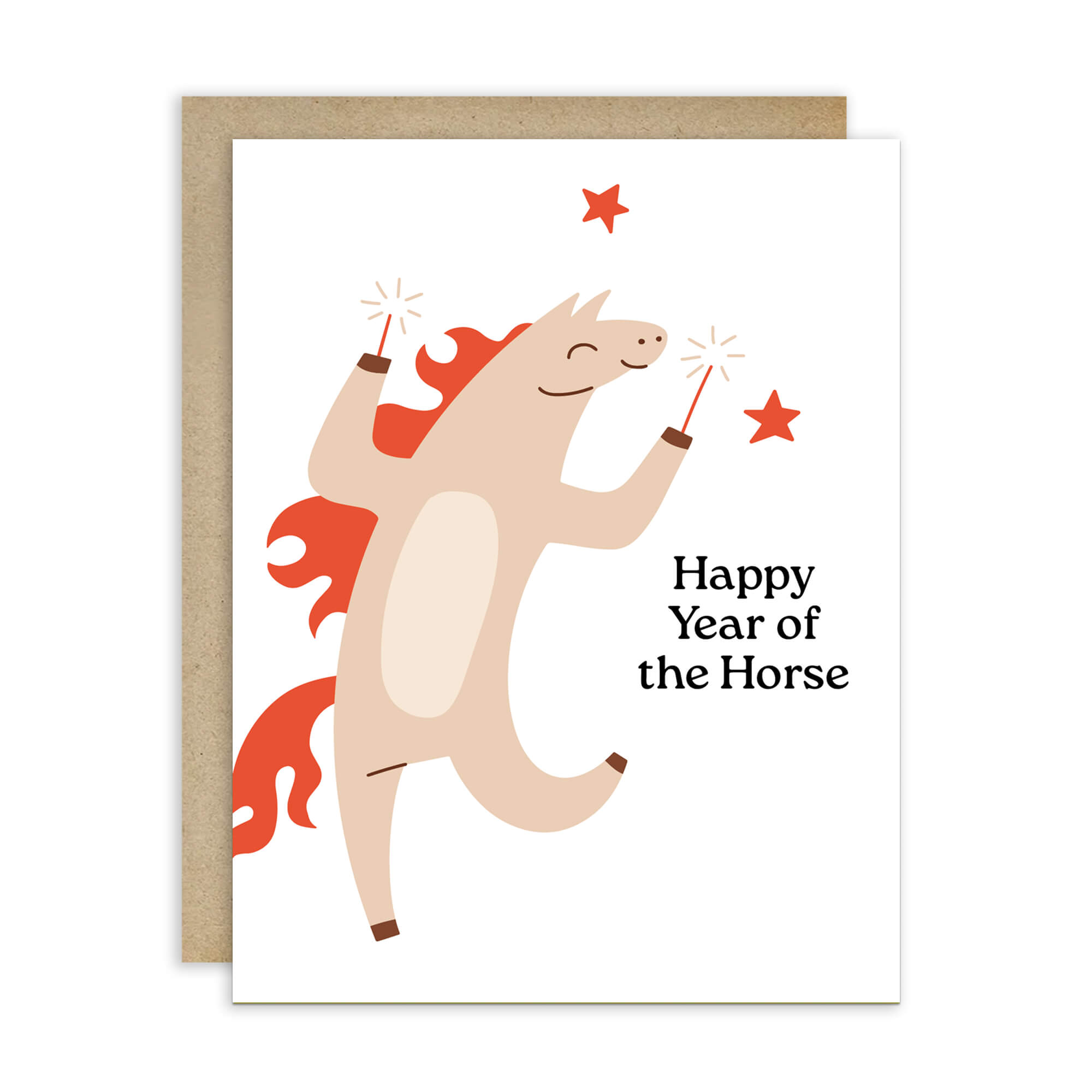 chinese new year Greeting card with a horse illustration and 'Happy Year of the Horse' text on a white background.