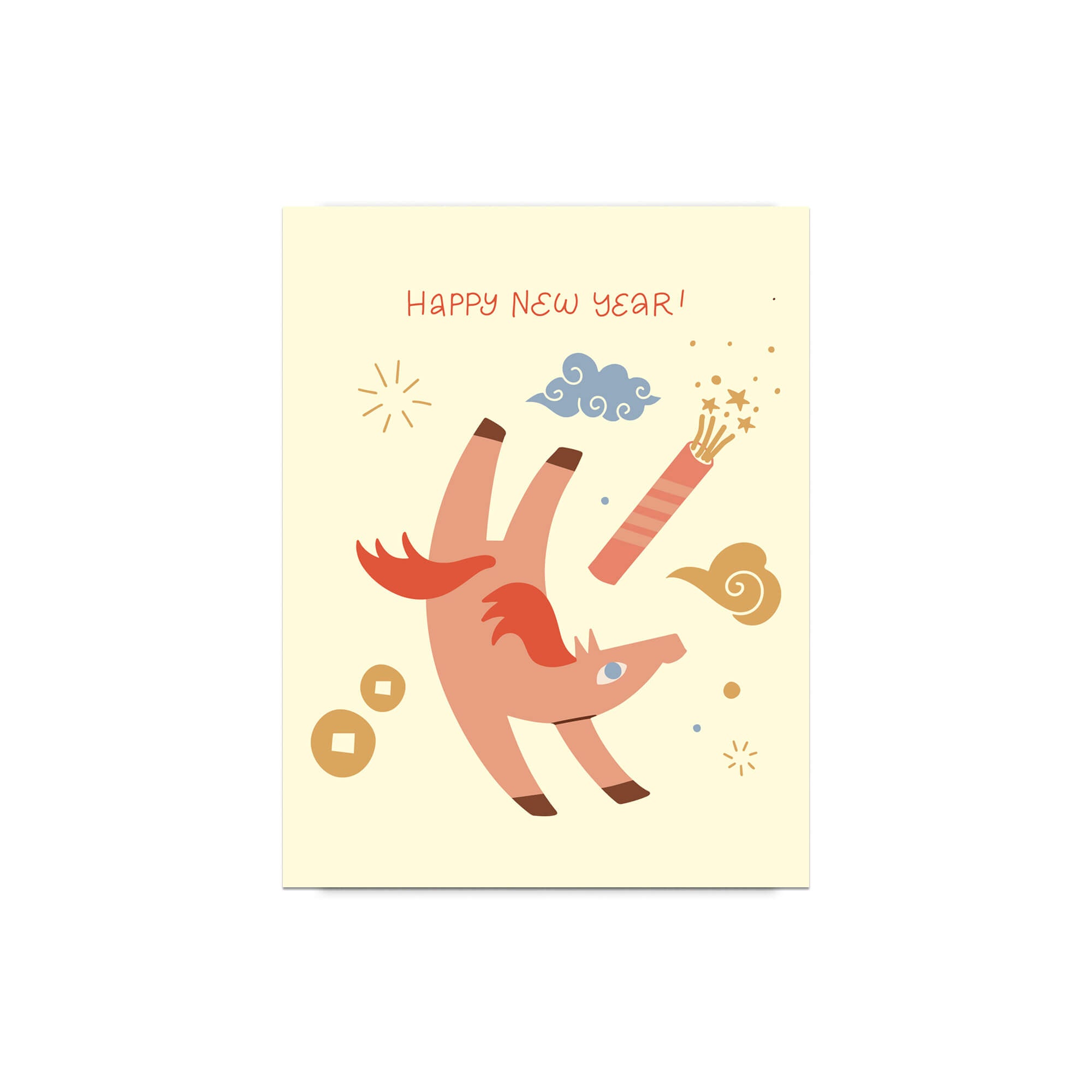 Happy New Year card with a cartoon year of the horse  and celebratory elements on a light yellow background