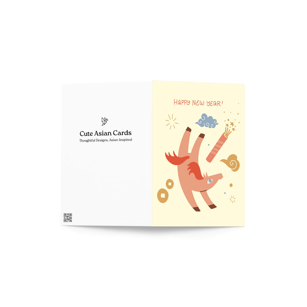 chinese new year Greeting card with a cartoon fire horse  and 'Happy New Year!' text on a light yellow background.
