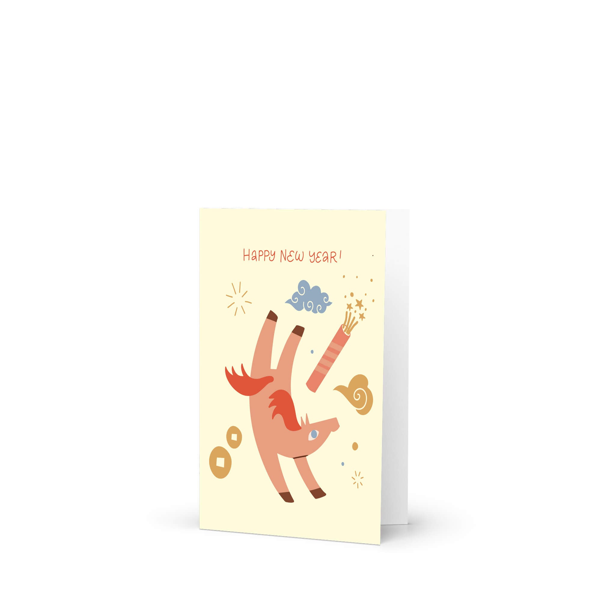 lunar new year Greeting card with a cartoon deer and 'Happy New Year!' text on a light yellow background