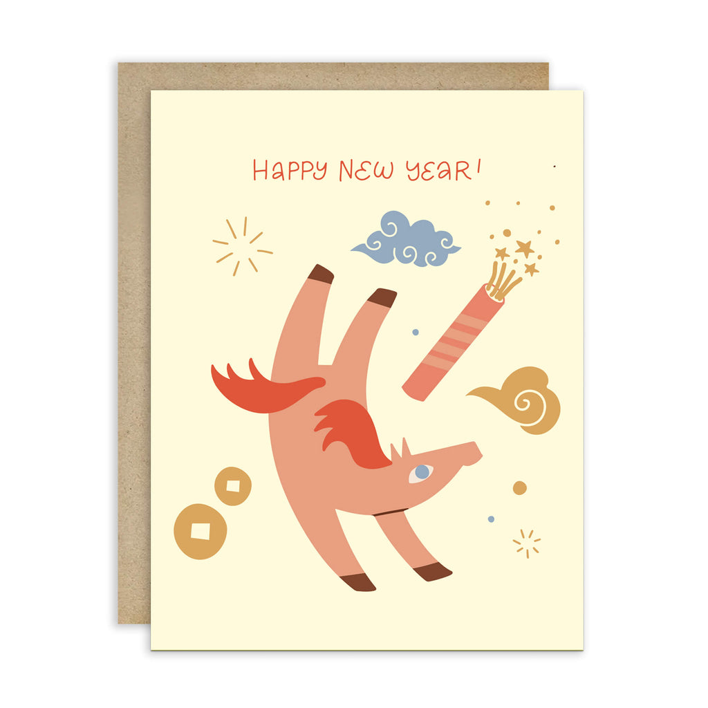 Greeting card with a horse illustration and 'Happy New Year!' text on a beige background.