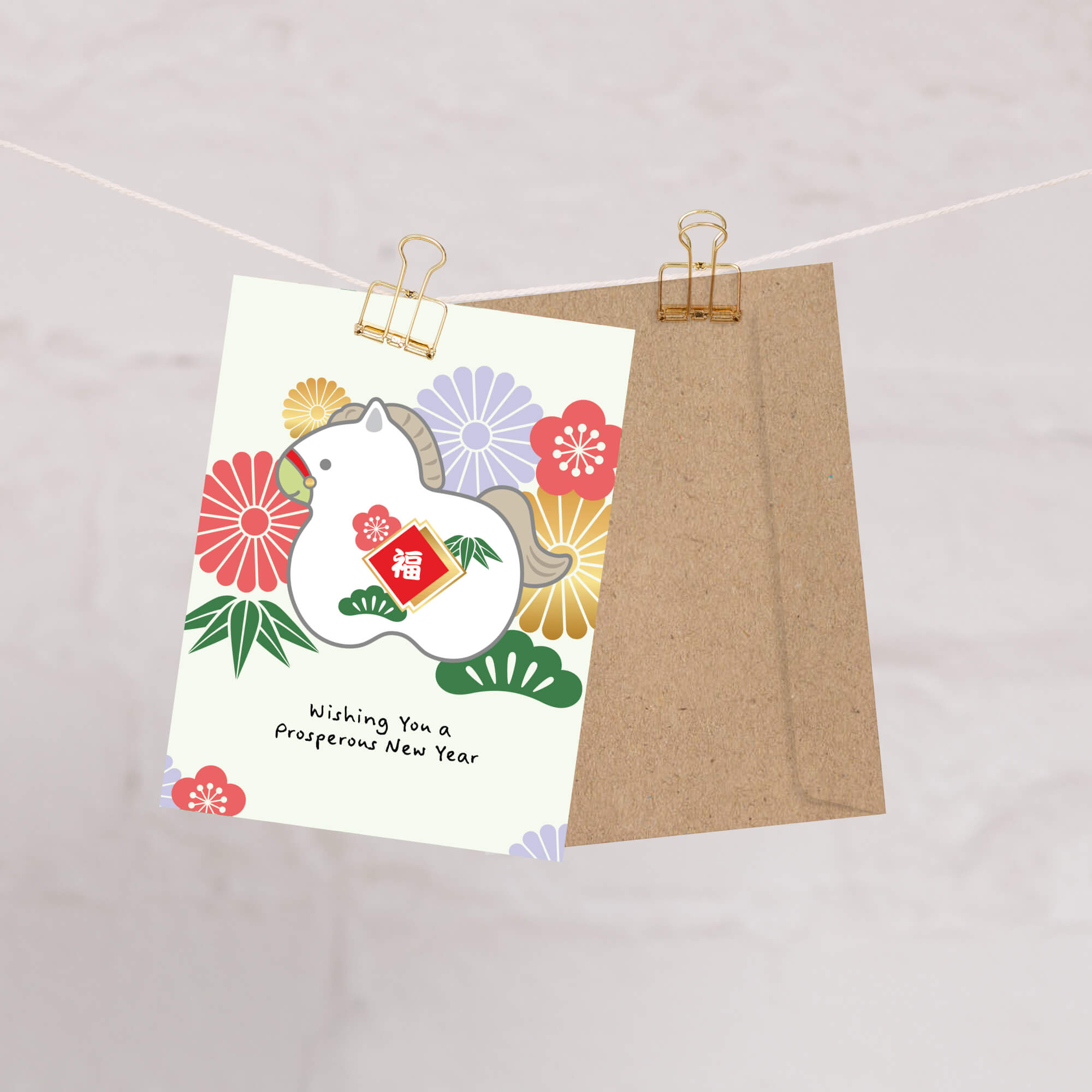 lunar new year greeting Card with a horse design and floral elements, hanging on a string with a brown envelope.