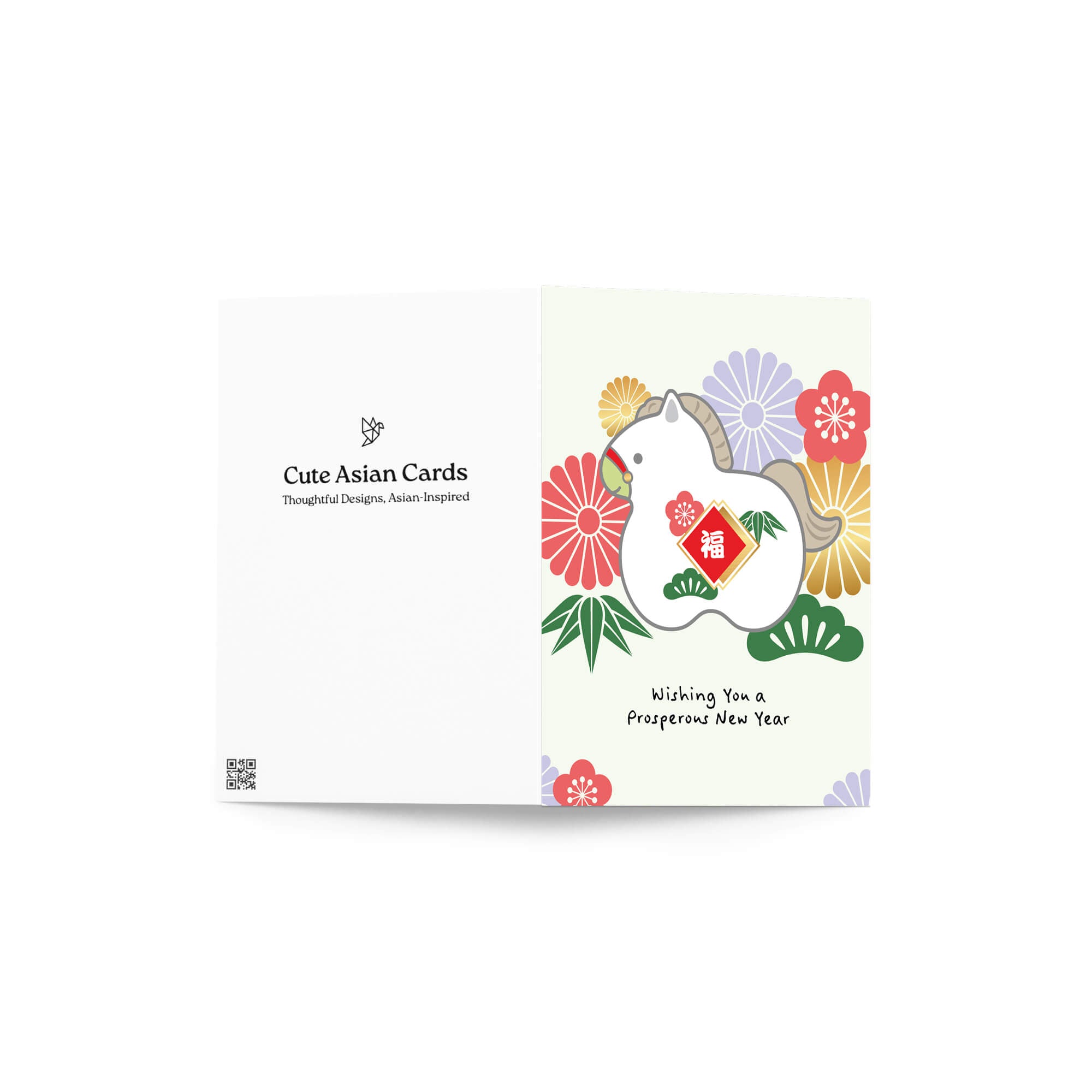 lunar new year greeting Card with a horse design and floral elements, hanging on a string with a brown envelope.