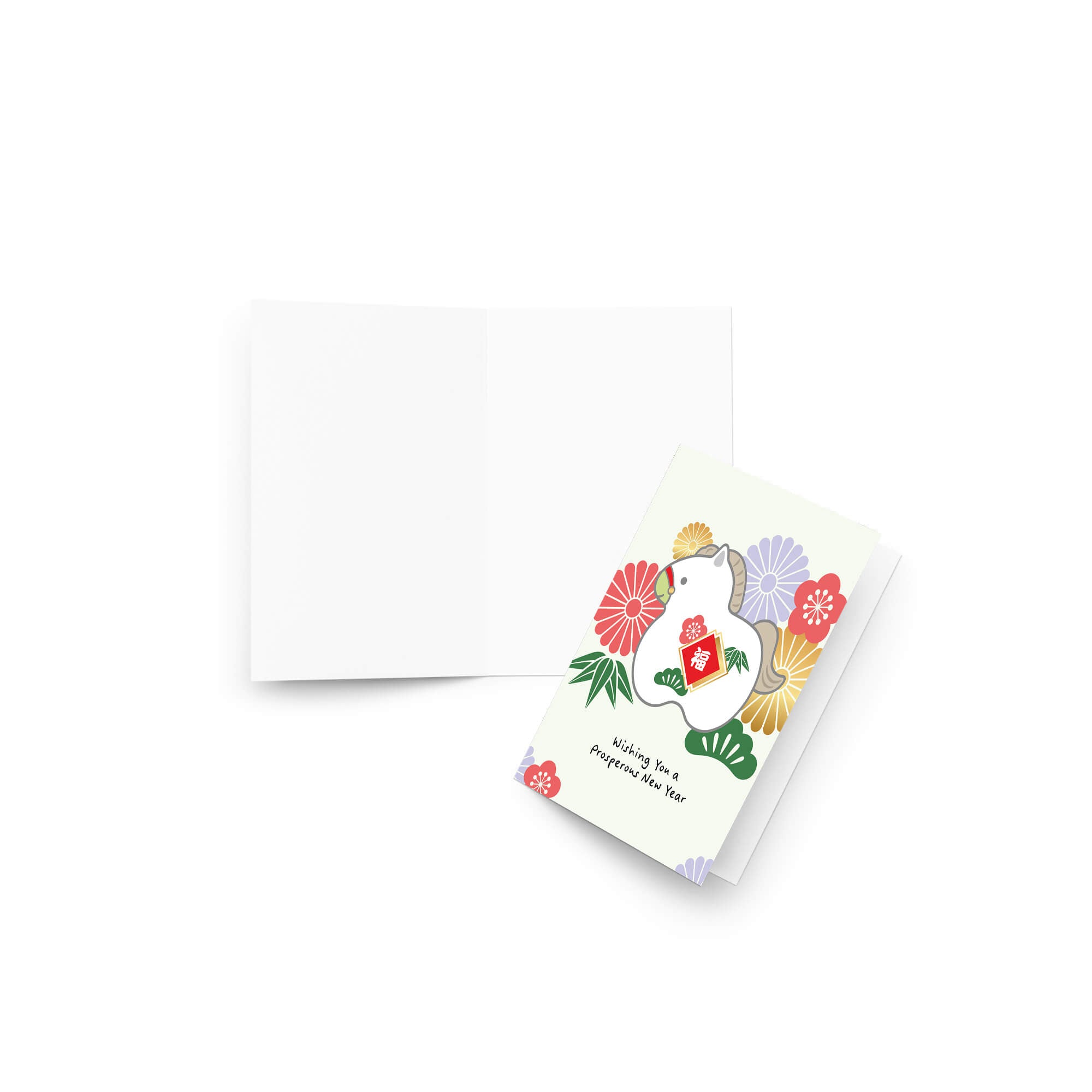 lunar new year Greeting card with a horse japanese doll design on a white background