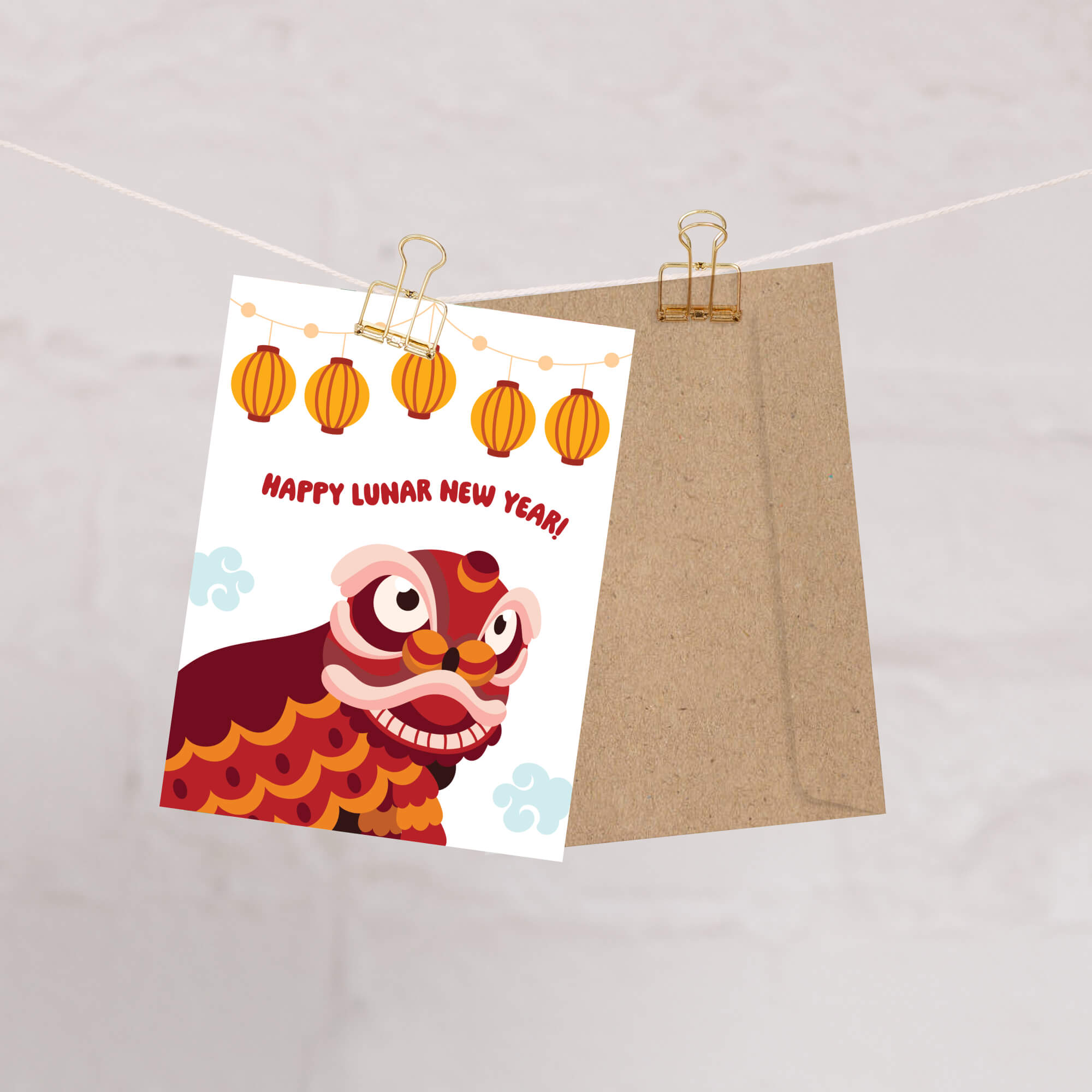 Lunar New Year card with a lion dance character and lanterns on a white background.