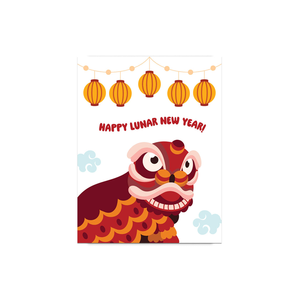 Lunar New Year card with a lion dance character and lanterns on a white background