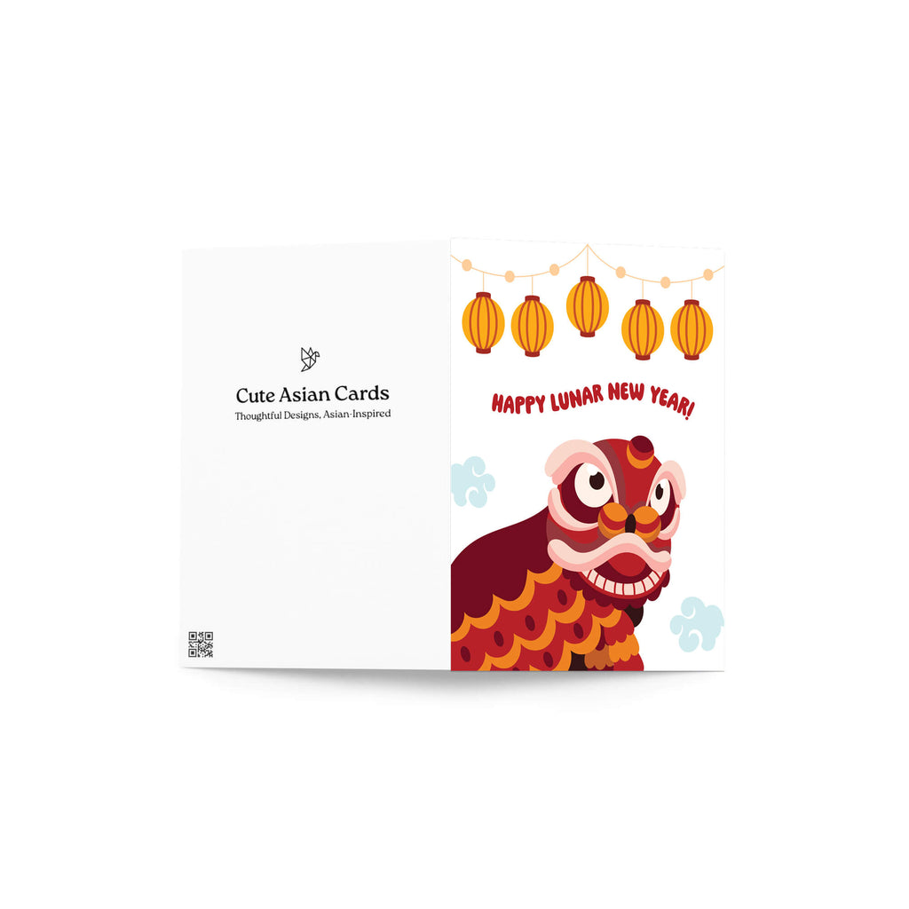 Lunar New Year card with a lion dance character and lanterns on a white background