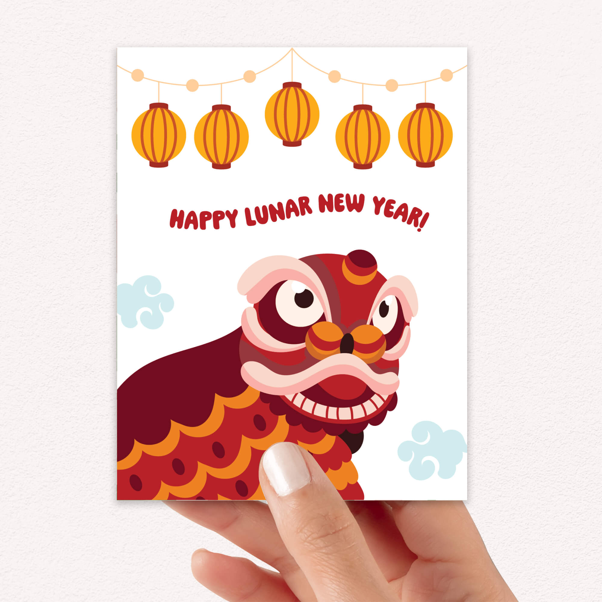 Lunar New Year card with a lion dance mask and lanterns on a white background