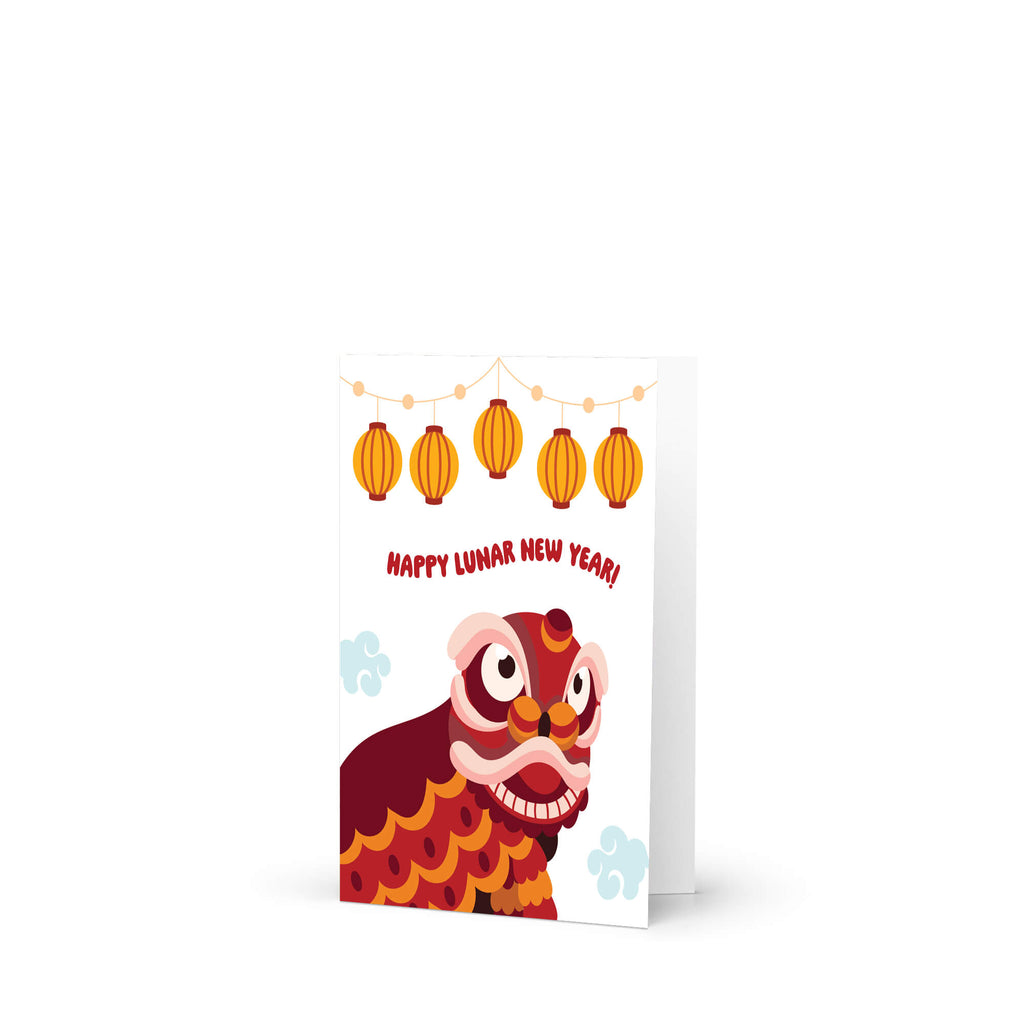 Lunar New Year greeting card with a dragon design and lanterns on a white background