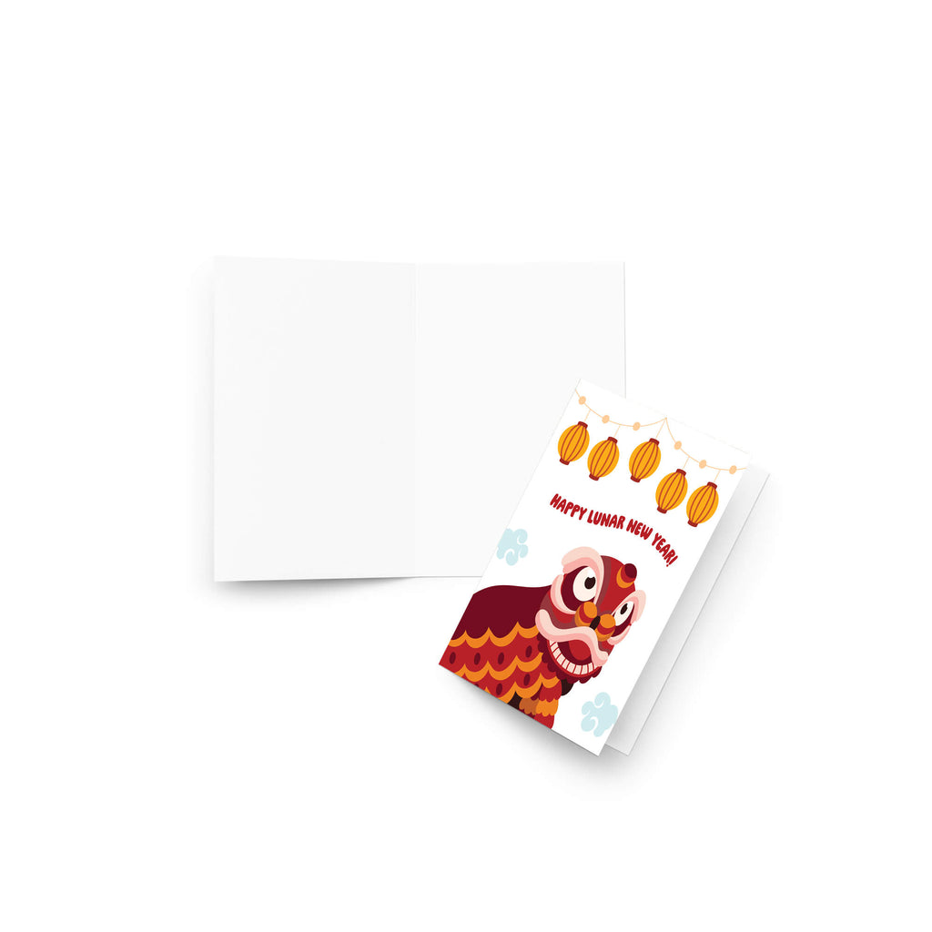 Greeting card with a cartoon dragon design and 'Happy Lunar New Year!' text on a white background.