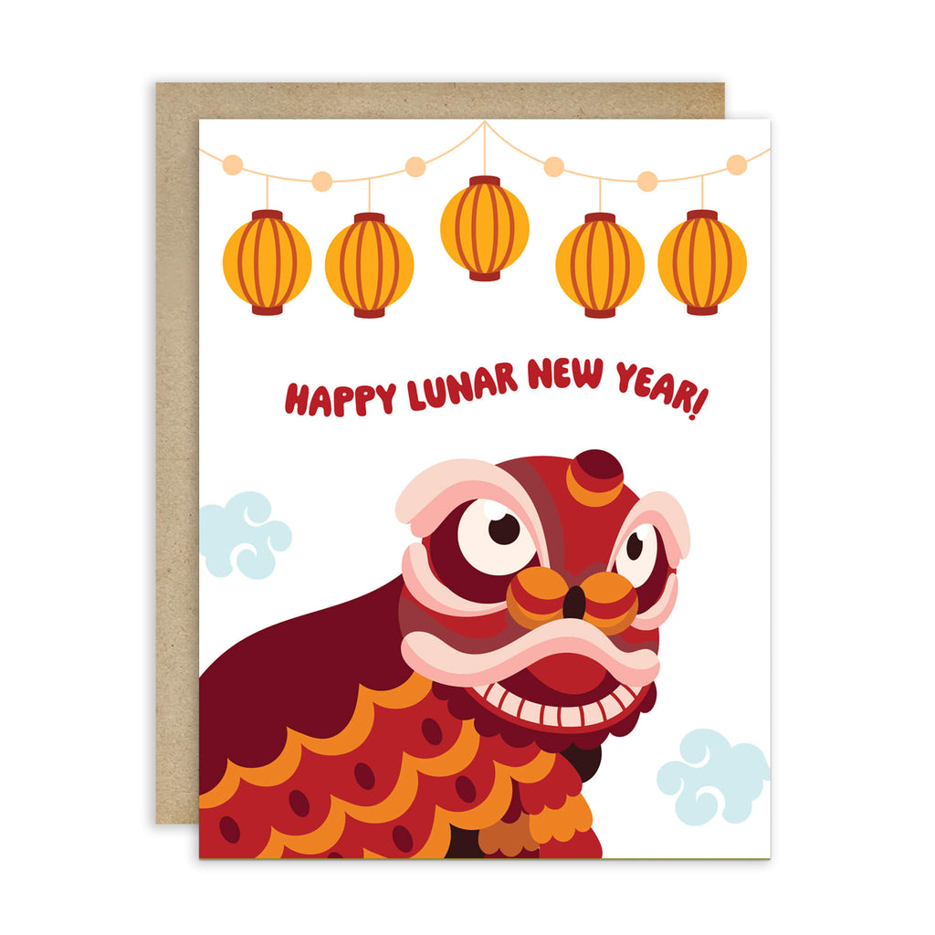 Lunar New Year card with a lion dance costume and lanterns on a white background