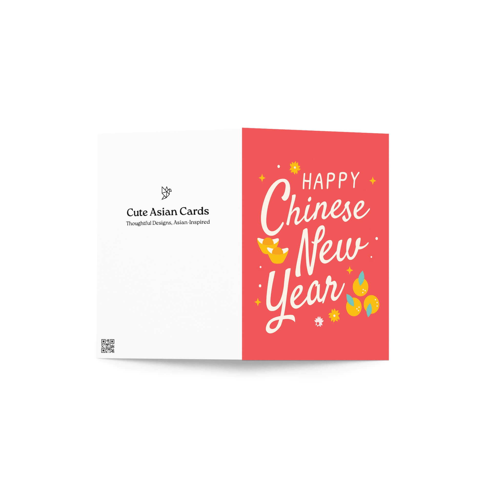 red lunar new year greeting card  with 'Happy Chinese New Year' text on a red background, featuring the brand 'Cute Asian Cards'.