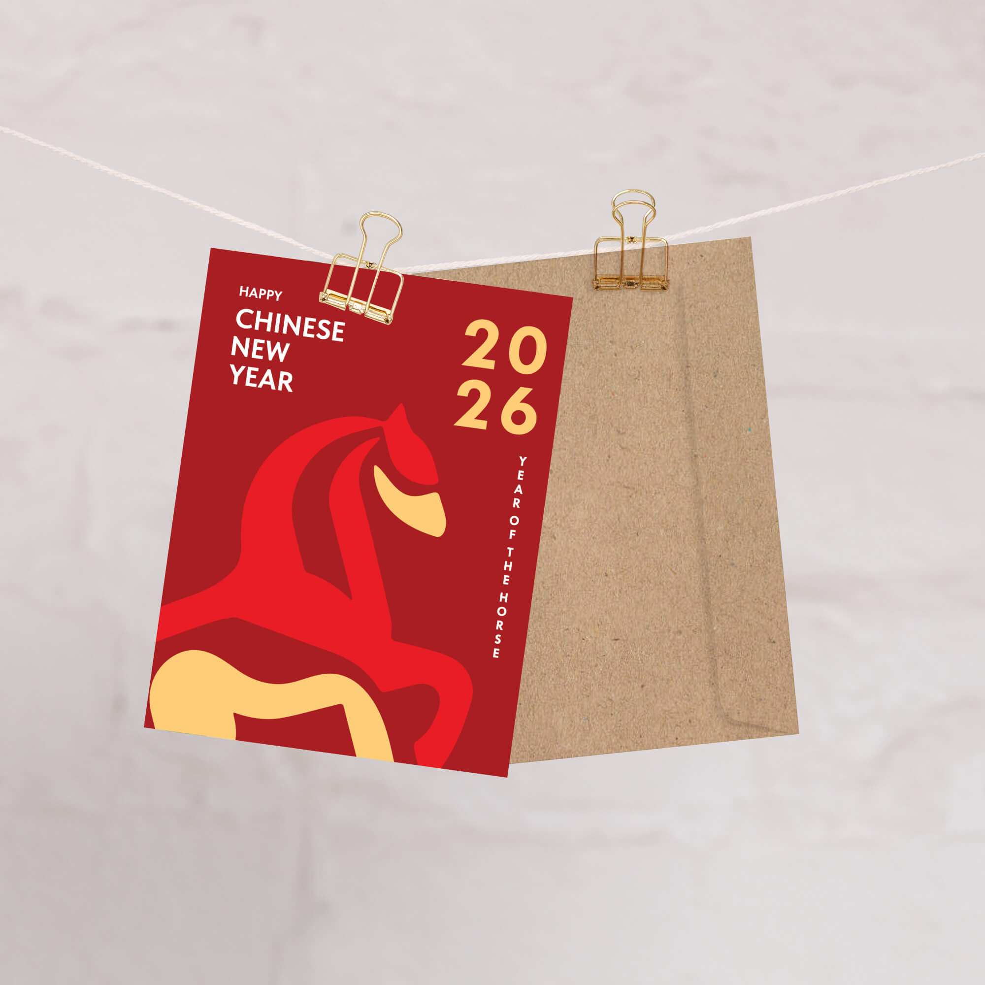 lunar new year Card with a red horse illustration and 'Happy Chinese New Year 2026 Year of the Horse' text on a white background.