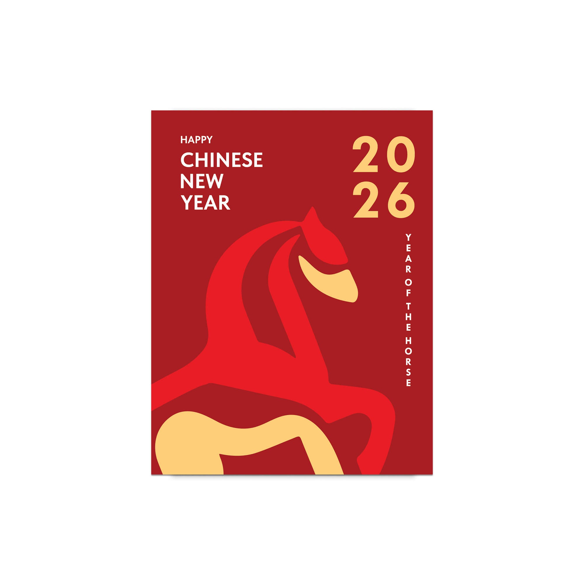lunar new year Card with a red horse illustration and 'Happy Chinese New Year 2026 Year of the Horse' text on a white background.