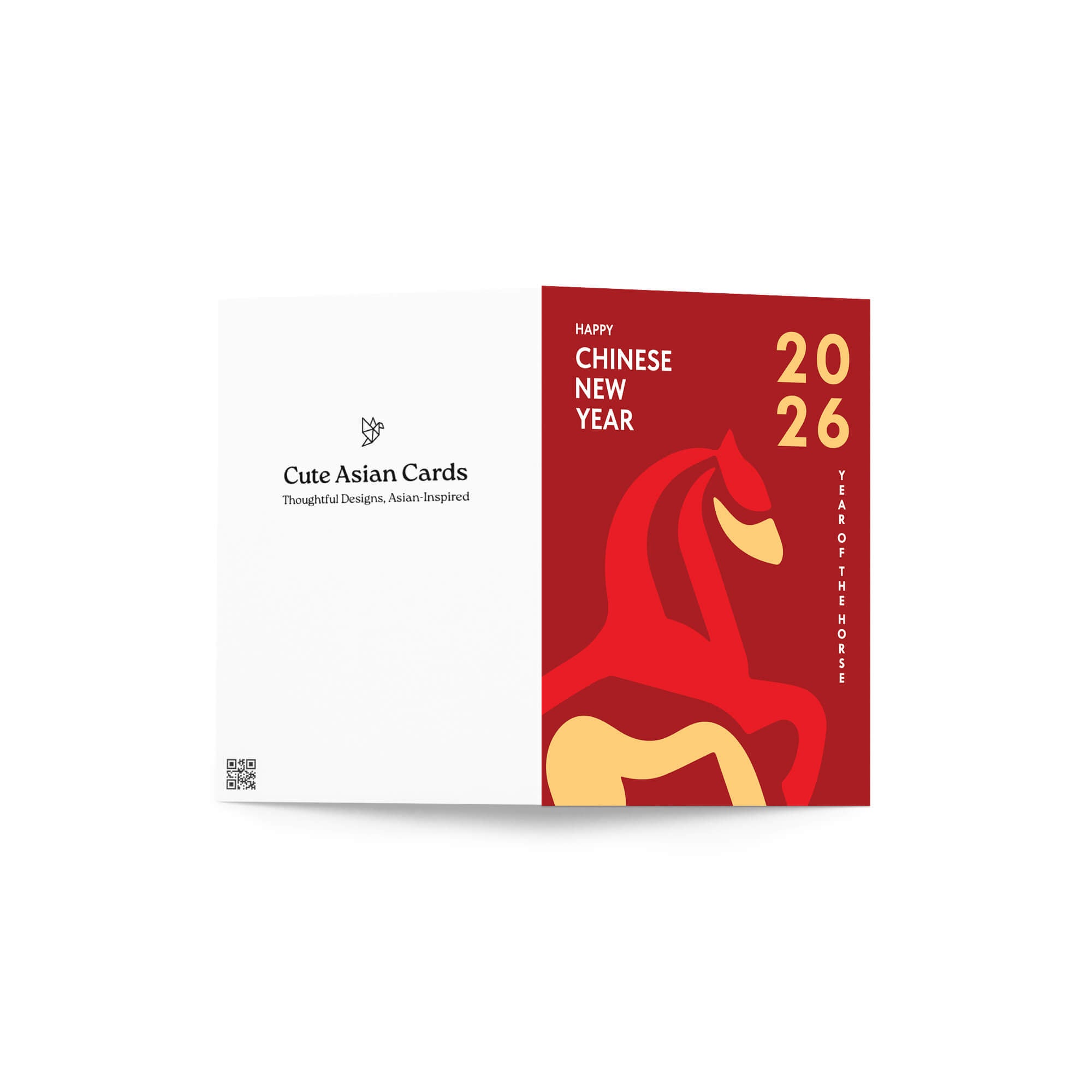 lunar new year Card with a red horse illustration and 'Happy Chinese New Year 2026 Year of the Horse' text on a white background.