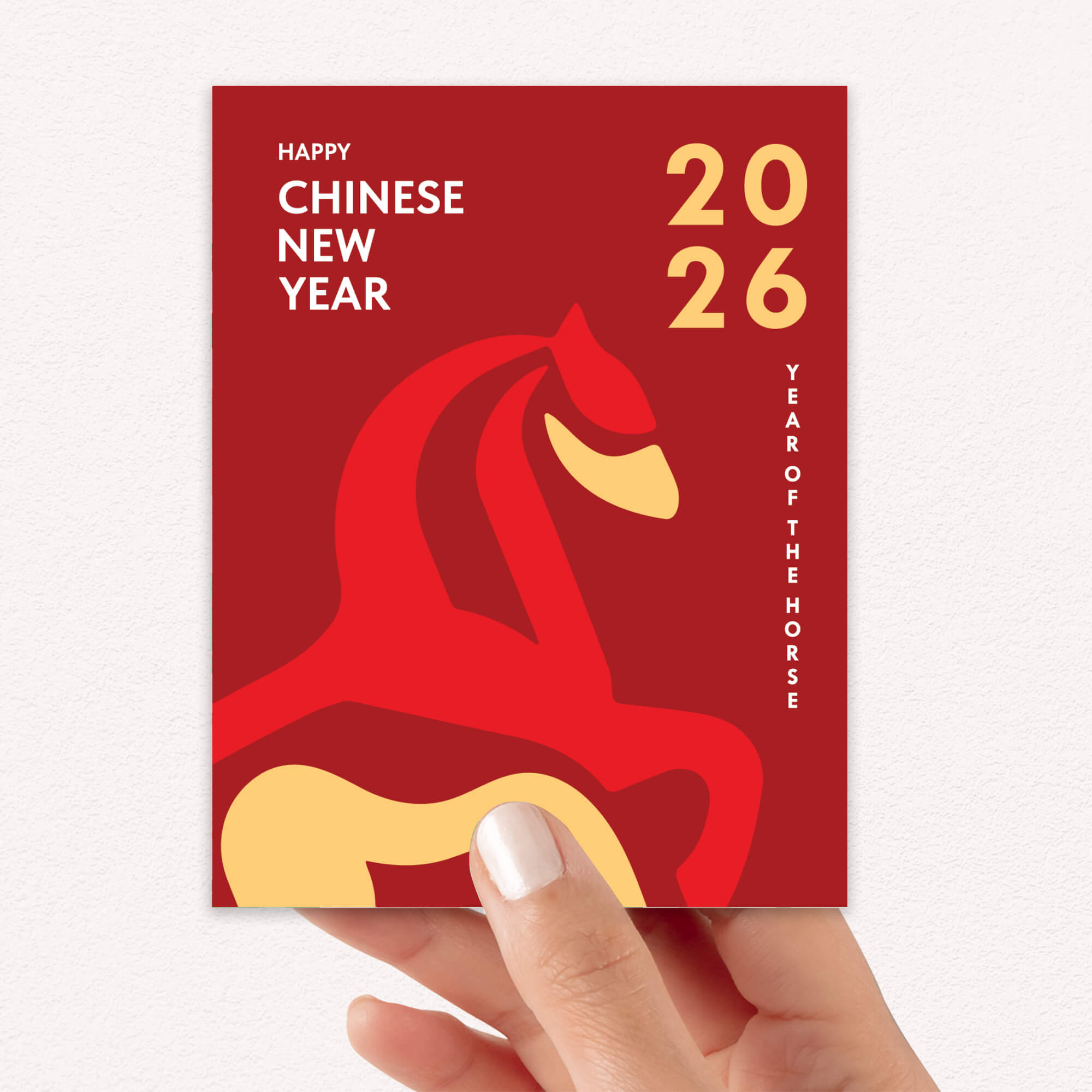 lunar new year Card with a red horse illustration and 'Happy Chinese New Year 2026 Year of the Horse' text on a white background.