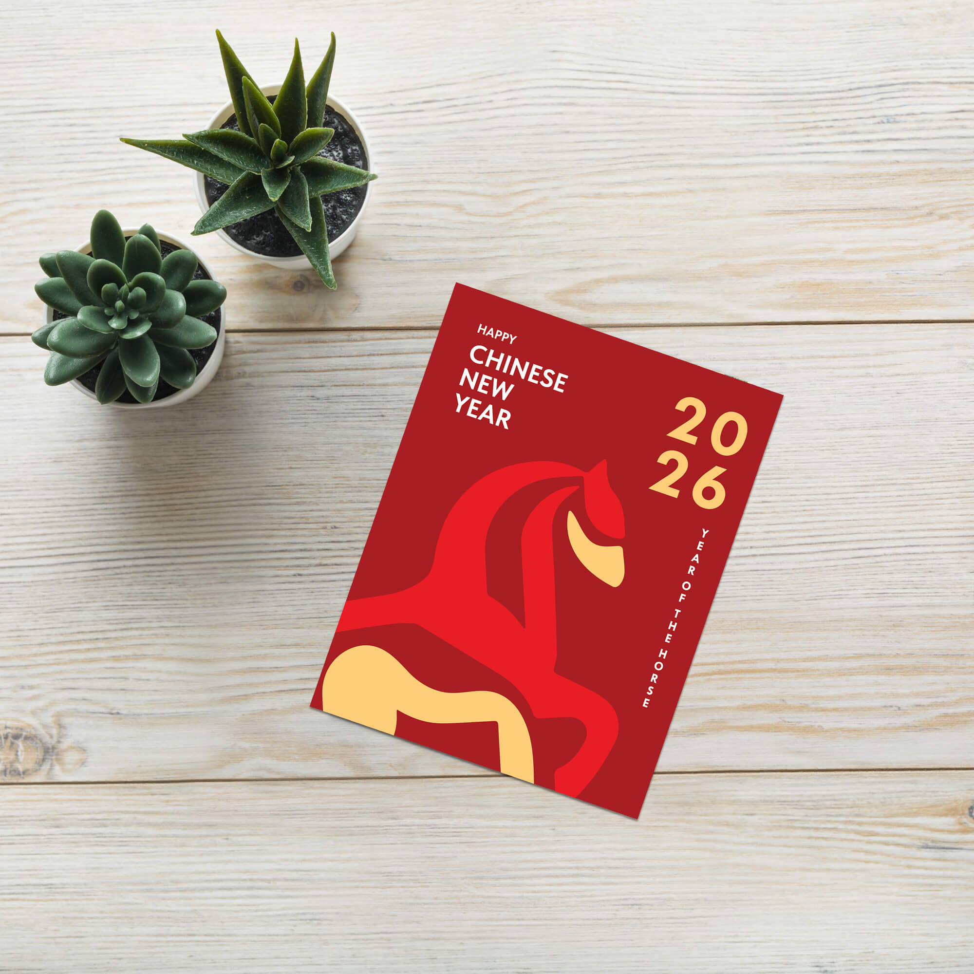 lunar new year Card with a red horse illustration and 'Happy Chinese New Year 2026 Year of the Horse' text on a white background.