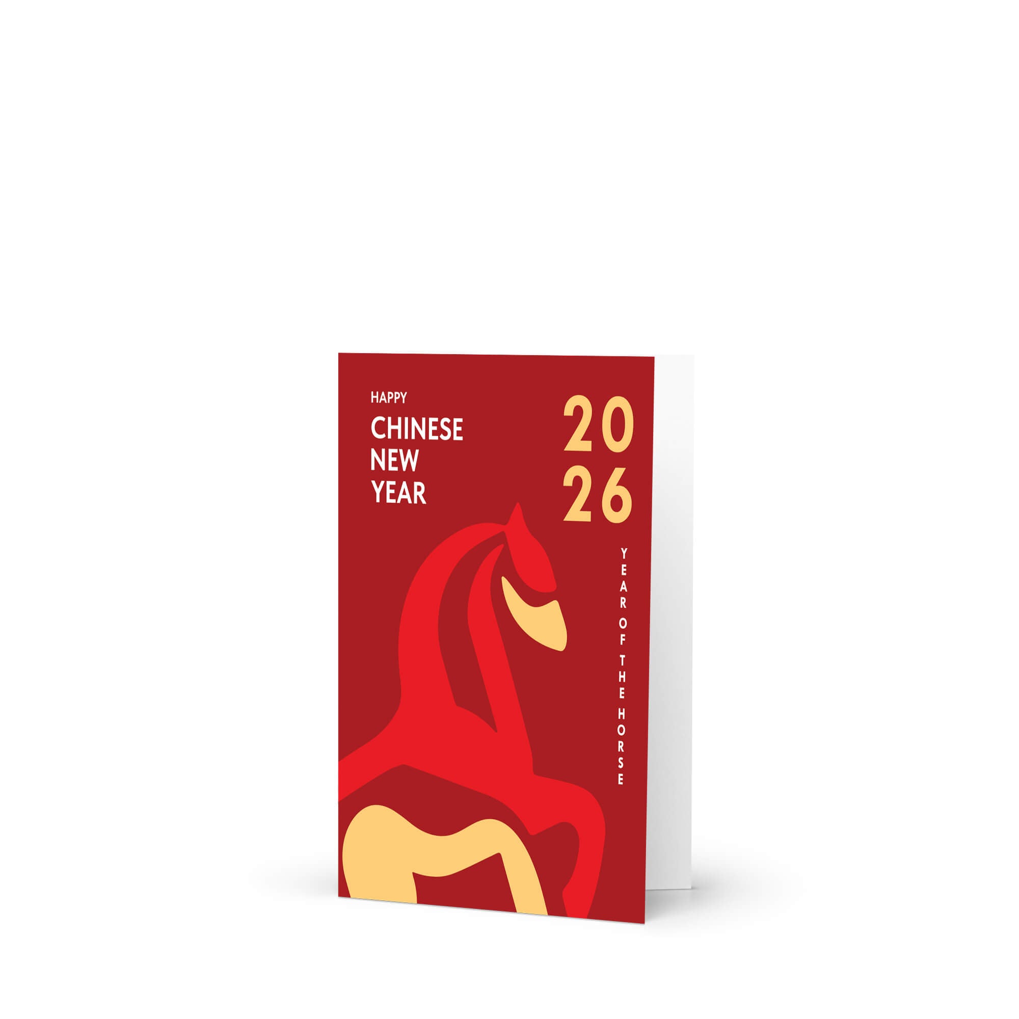 lunar new year Card with a red horse illustration and 'Happy Chinese New Year 2026 Year of the Horse' text on a white background.