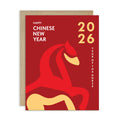 lunar new year Card with a red horse illustration and 'Happy Chinese New Year 2026 Year of the Horse' text on a red background.