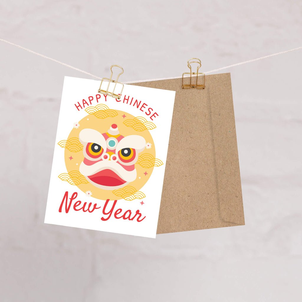 lunar new year Greeting card with a lion dance head illustration and 'Happy Chinese New Year' text on a white background.