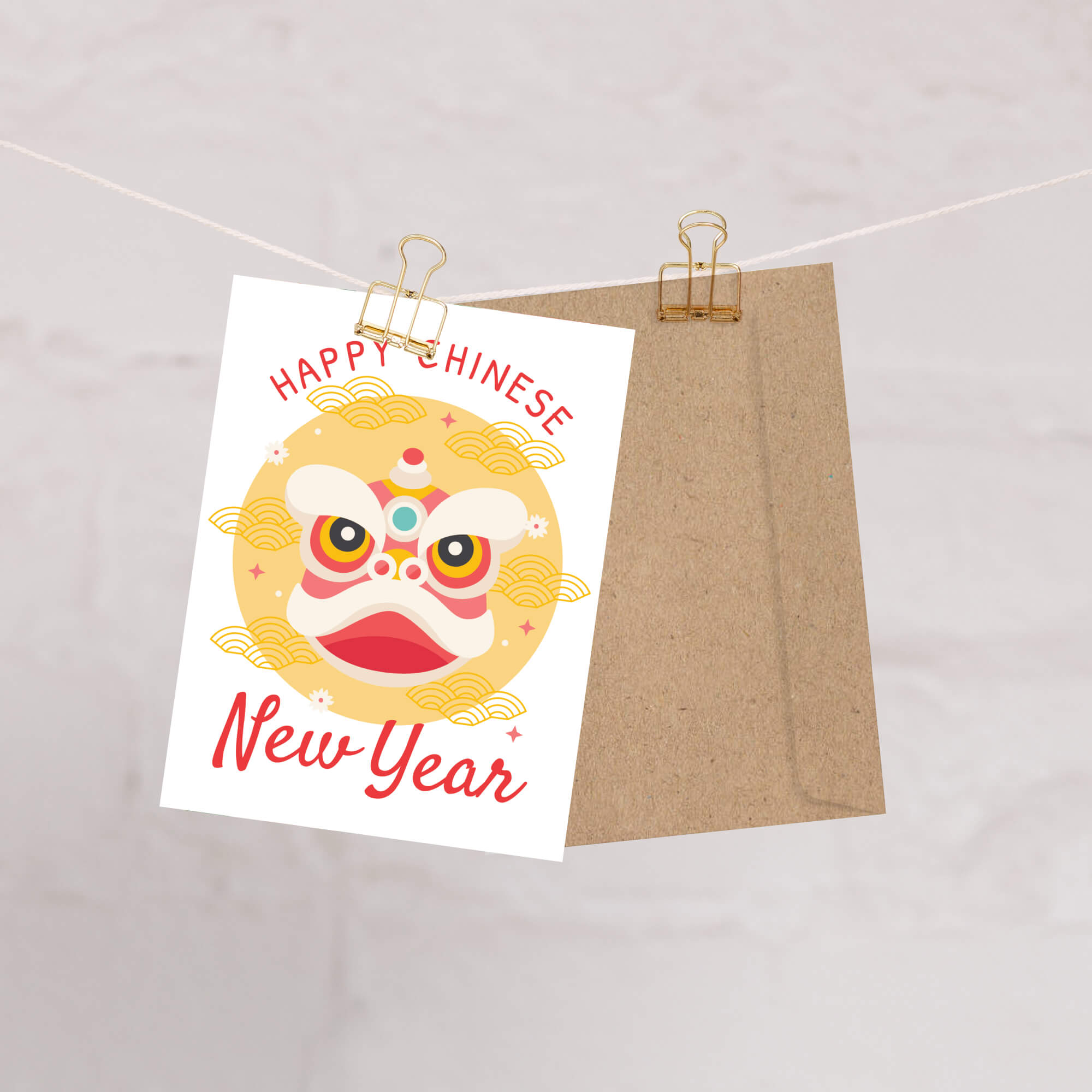 lunar new year Greeting card with a lion dance head illustration and 'Happy Chinese New Year' text on a white background.