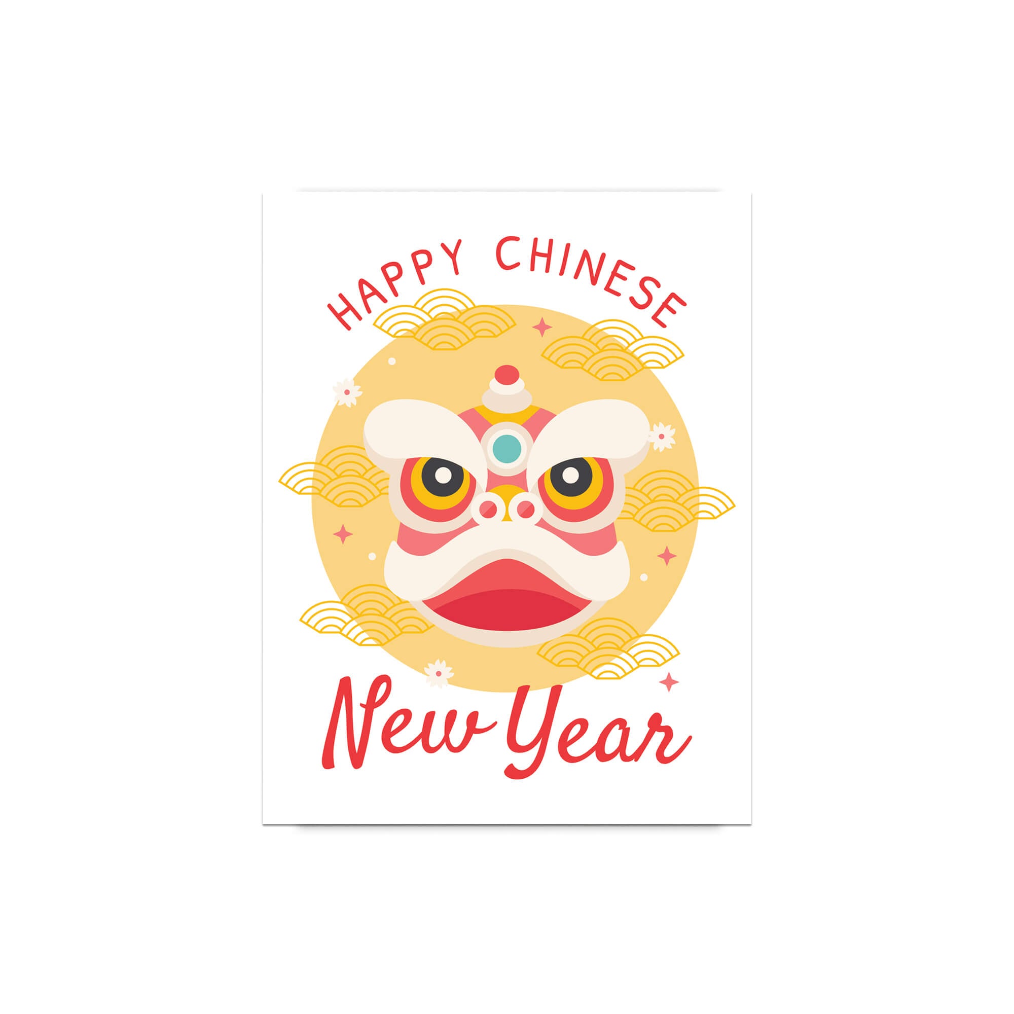 lunar new year Greeting card with a lion dance head illustration and 'Happy Chinese New Year' text on a white background.