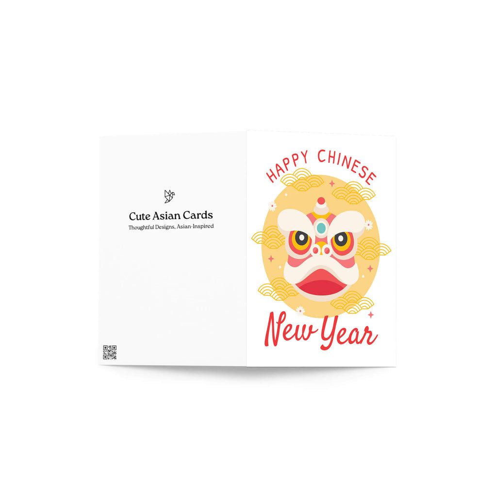 lunar new year Greeting card with a lion dance head illustration and 'Happy Chinese New Year' text on a white background.