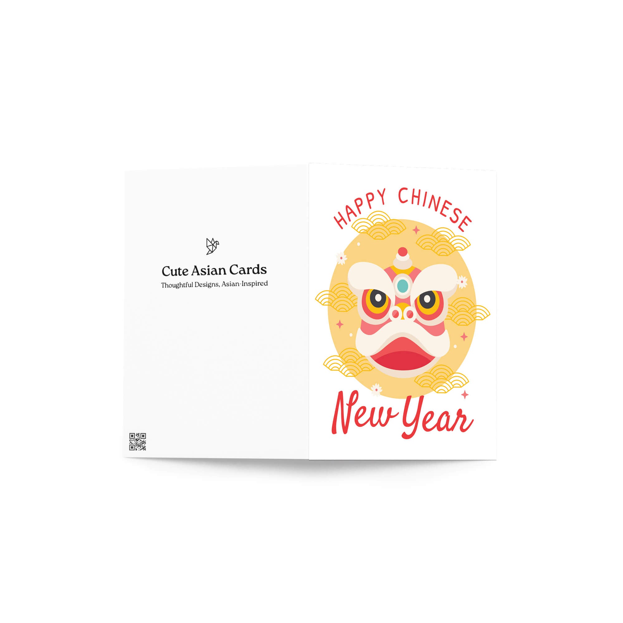 lunar new year Greeting card with a lion dance head illustration and 'Happy Chinese New Year' text on a white background.