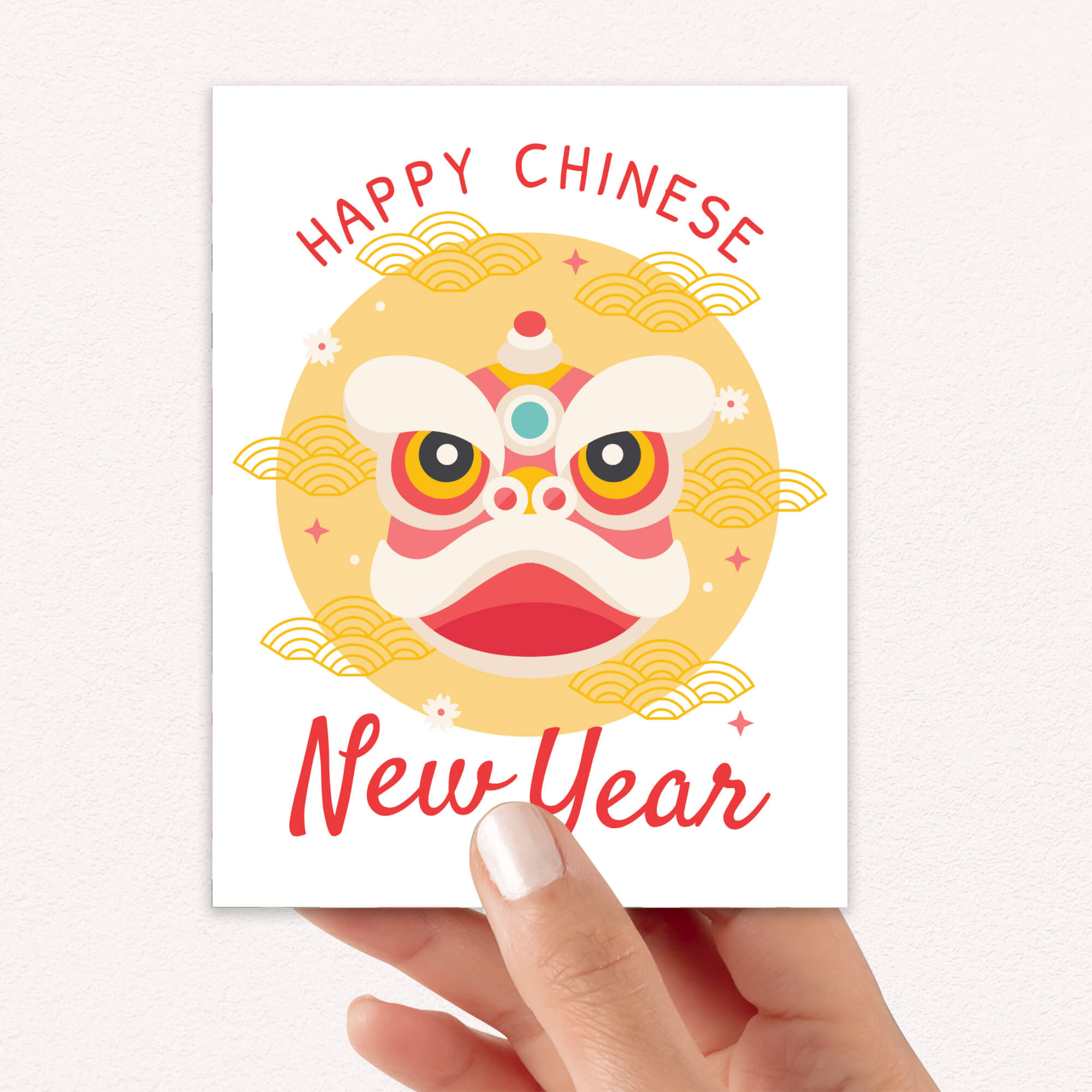 lunar new year Greeting card with a lion dance head illustration and 'Happy Chinese New Year' text on a white background.
