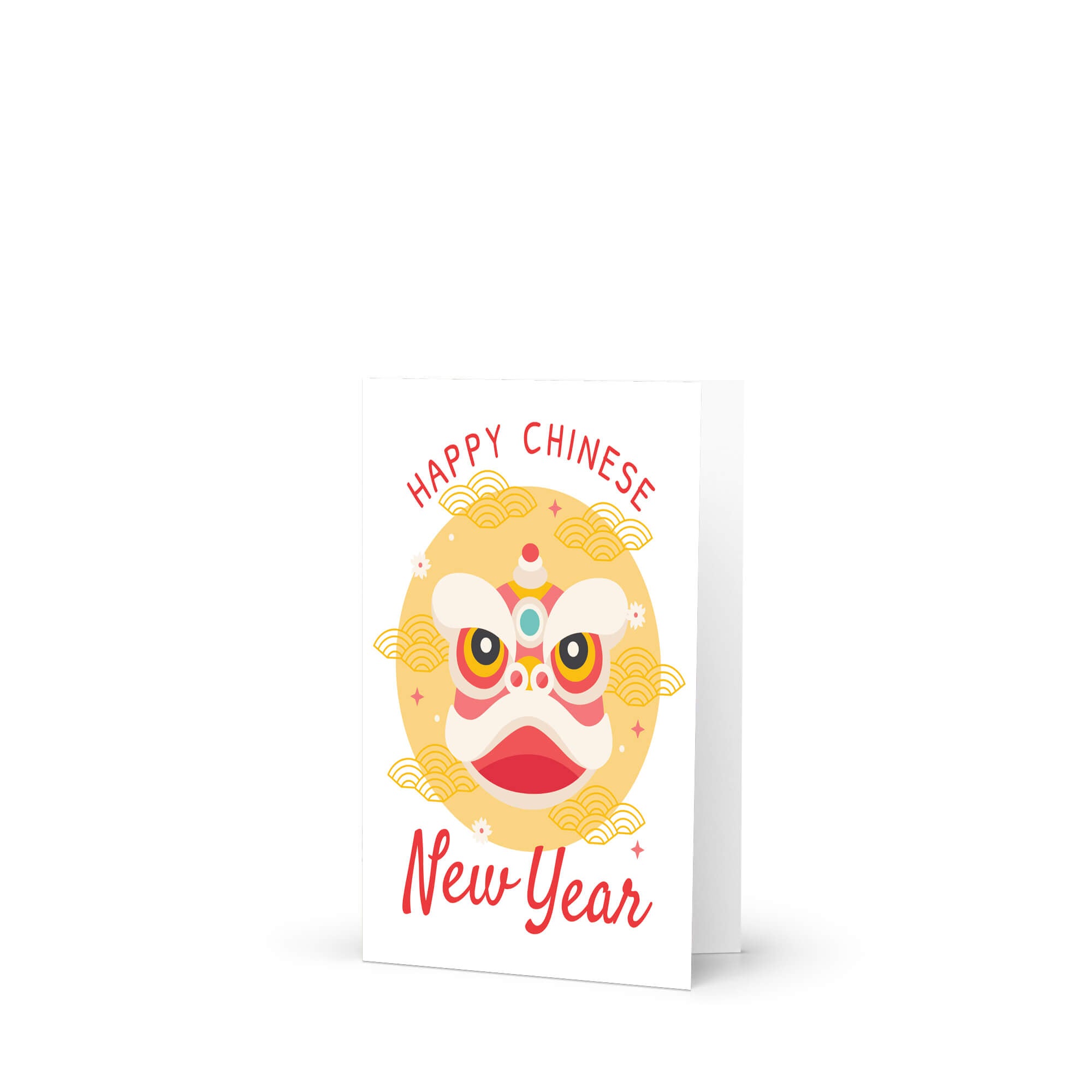 lunar new year Greeting card with a lion dance head illustration and 'Happy Chinese New Year' text on a white background.