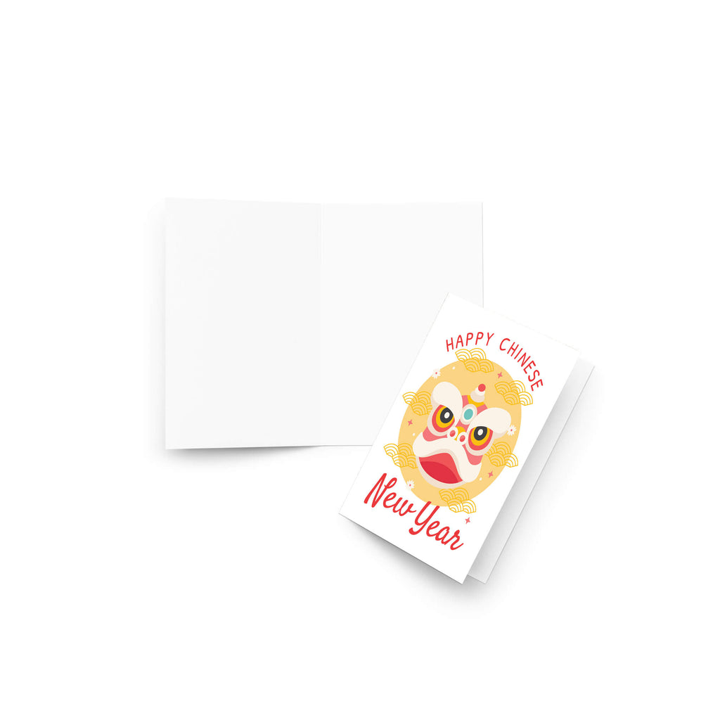 lunar new year Greeting card with a lion dance head illustration and 'Happy Chinese New Year' text on a white background.