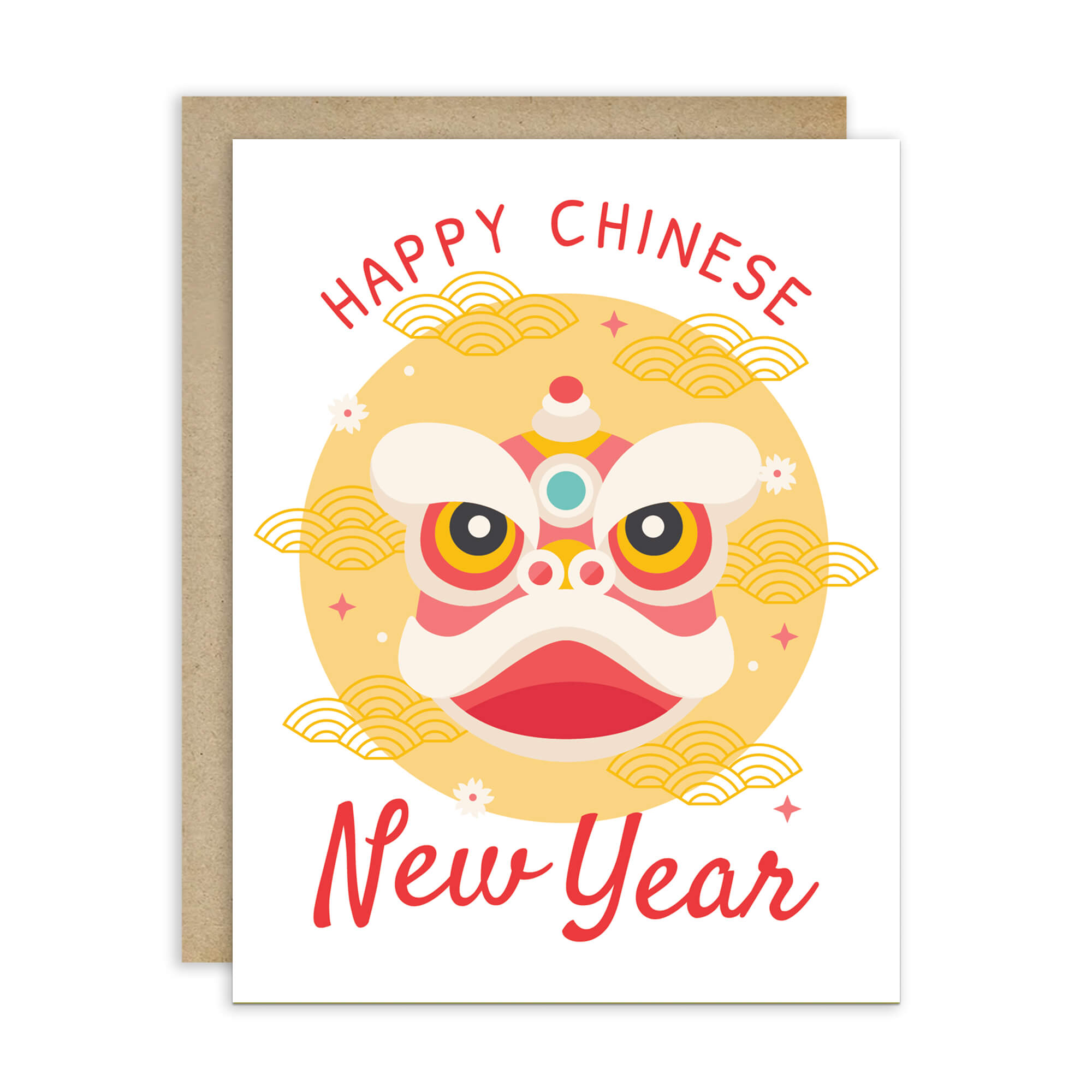 lunar new year Greeting card with a lion dance head illustration and 'Happy Chinese New Year' text on a white background.