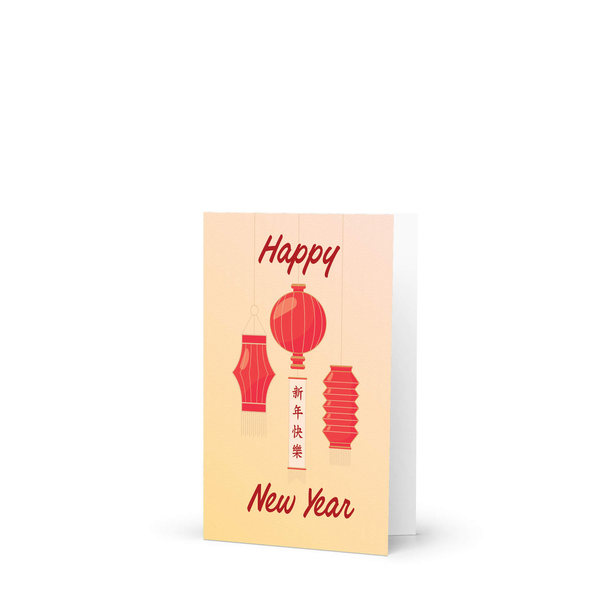 A tet card with a warm cream-to-light-orange gradient background, featuring red lantern illustrations and the words 'Happy New Year' in red script. The card is shown standing upright with a white envelope behind it on a clean white background.