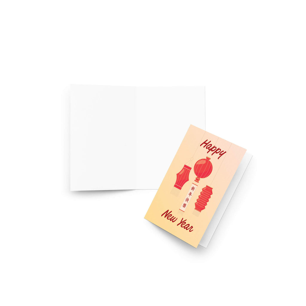 A vietnamese tet card with a light peach-to-white gradient background and red illustrations of lanterns and Chinese lanterns, shown next to an open blank white envelope on a white background.
